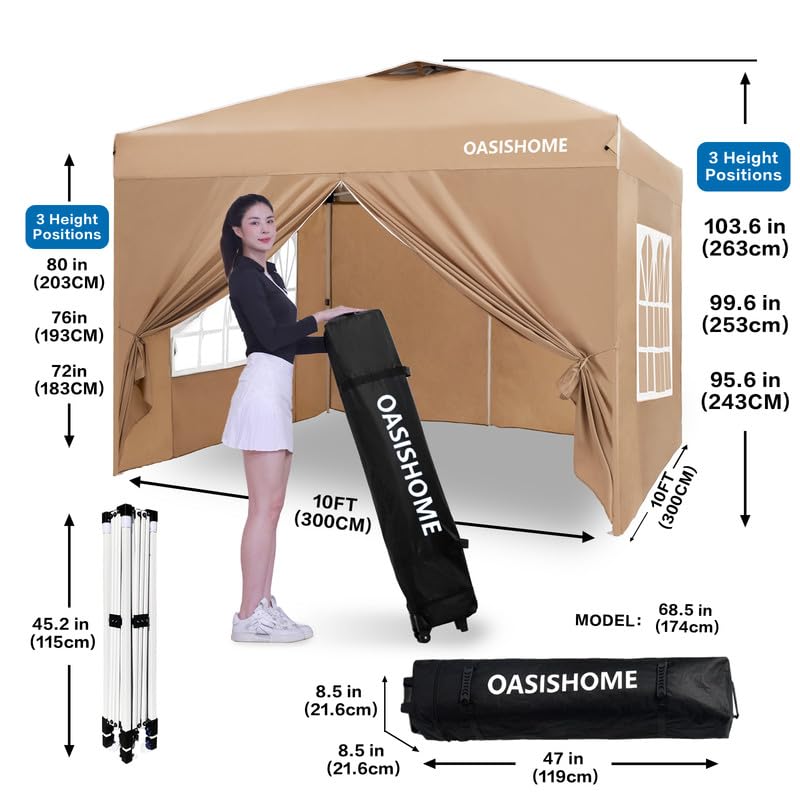 OASISHOME 10'x10' Pop-up Gazebo Instant Canopy Tent with 4 Sidewalls & Windows - Portable Wheeled Carry Bag - Perfect for Patio, Backyard, Wedding, Camping, Picnic & Outdoor Events (10FTx10FT, Khaki)