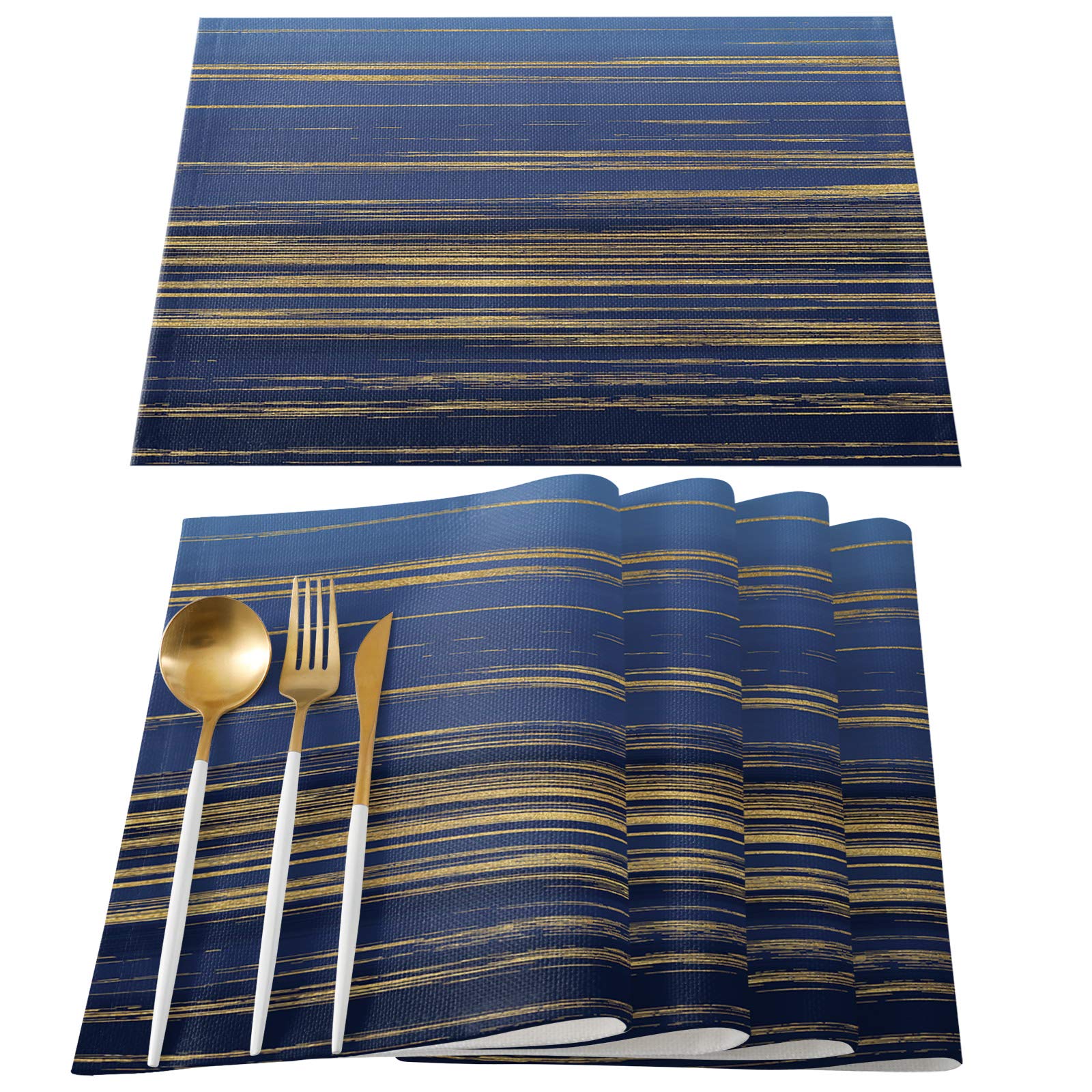 OUR WINGS Linen Burlap Placemats Set of 6 - Blue & Yellow Marble Abstract Non-Slip Table Mats for Dining, Kitchen, Party Decor - Heat-Resistant & Easy to Clean - Perfect for Everyday Meals, Dinner Parties, and Holiday Gatherings