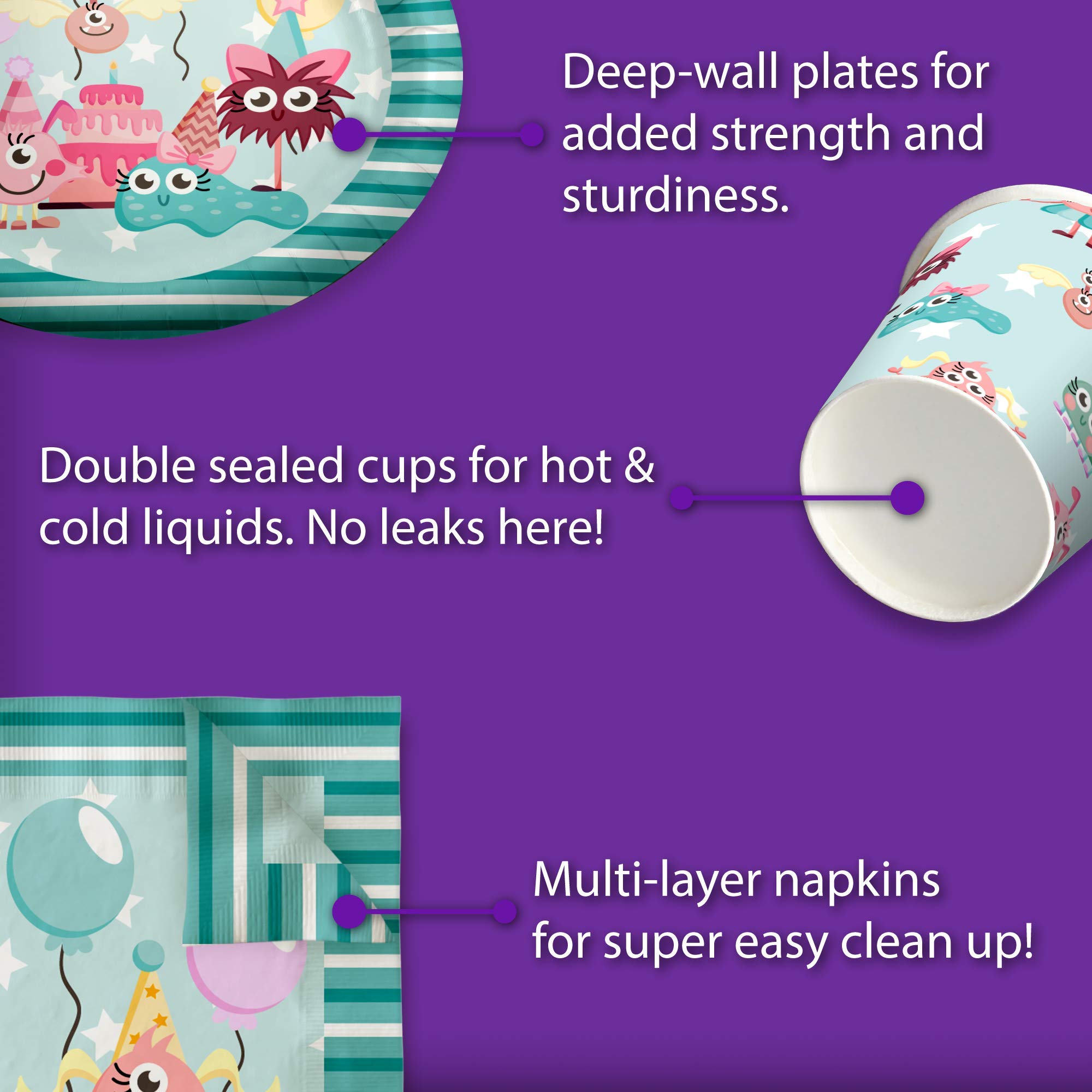 Mighty Monster Girl Birthday Party Supplies Set - 16-Piece Tableware Kit with Plates, Napkins & Cups for Kids' Themed Celebrations