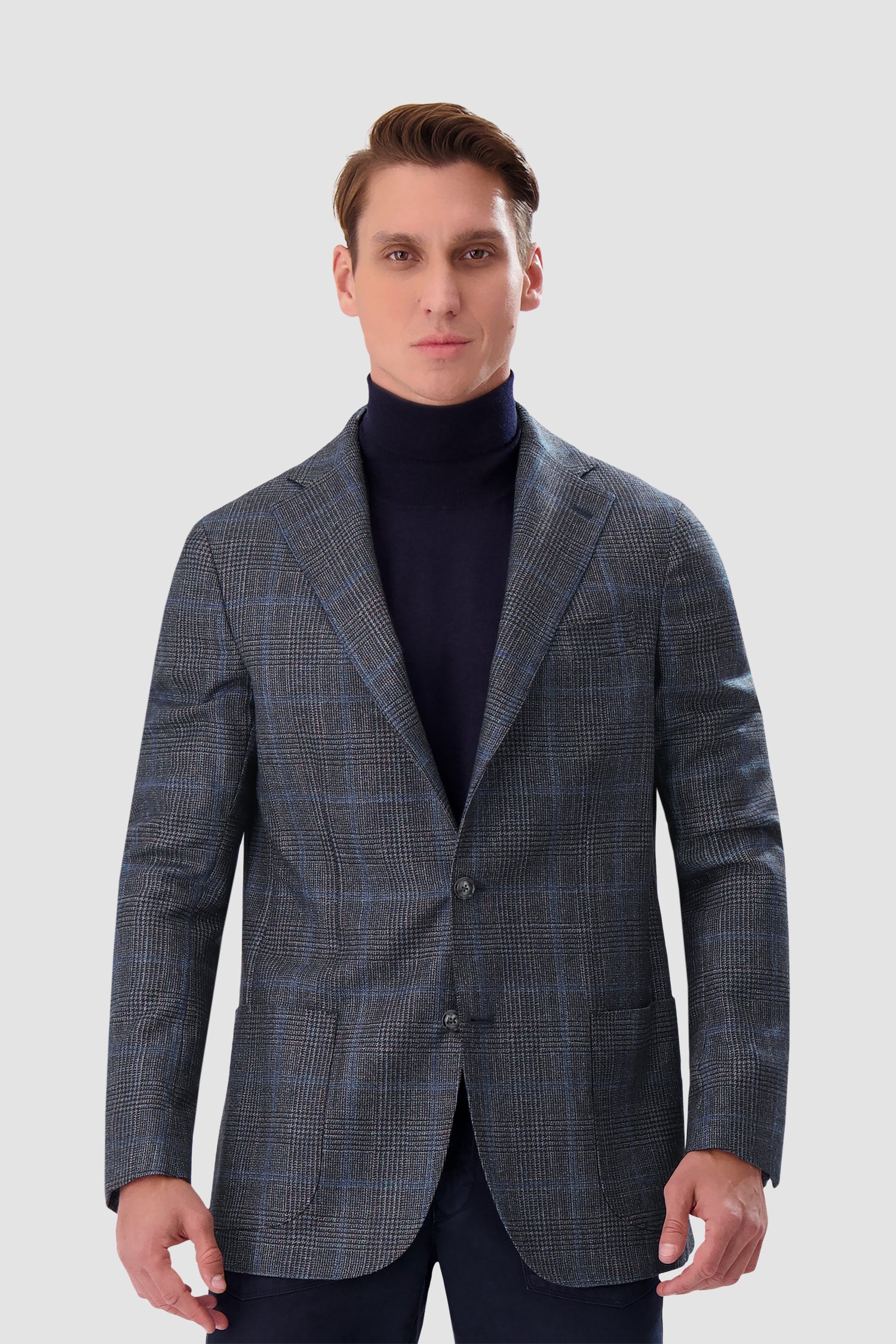 Barba Napoli Grey Blue Checkered Long 2B Blazer for Men | Premium Wool Business Suit Jacket | Formal Office Wear & Wedding Attire