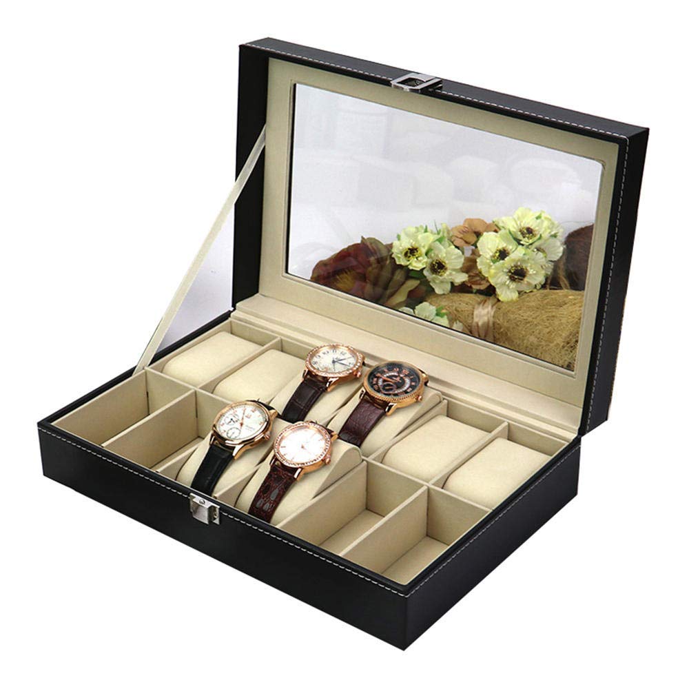 XLAHD 12-Slot Premium PU Leather Jewelry Box with Glass Top - Watch & Jewelry Organizer Display Case for Women, Perfect for Gift Giving, Travel & Home Decor