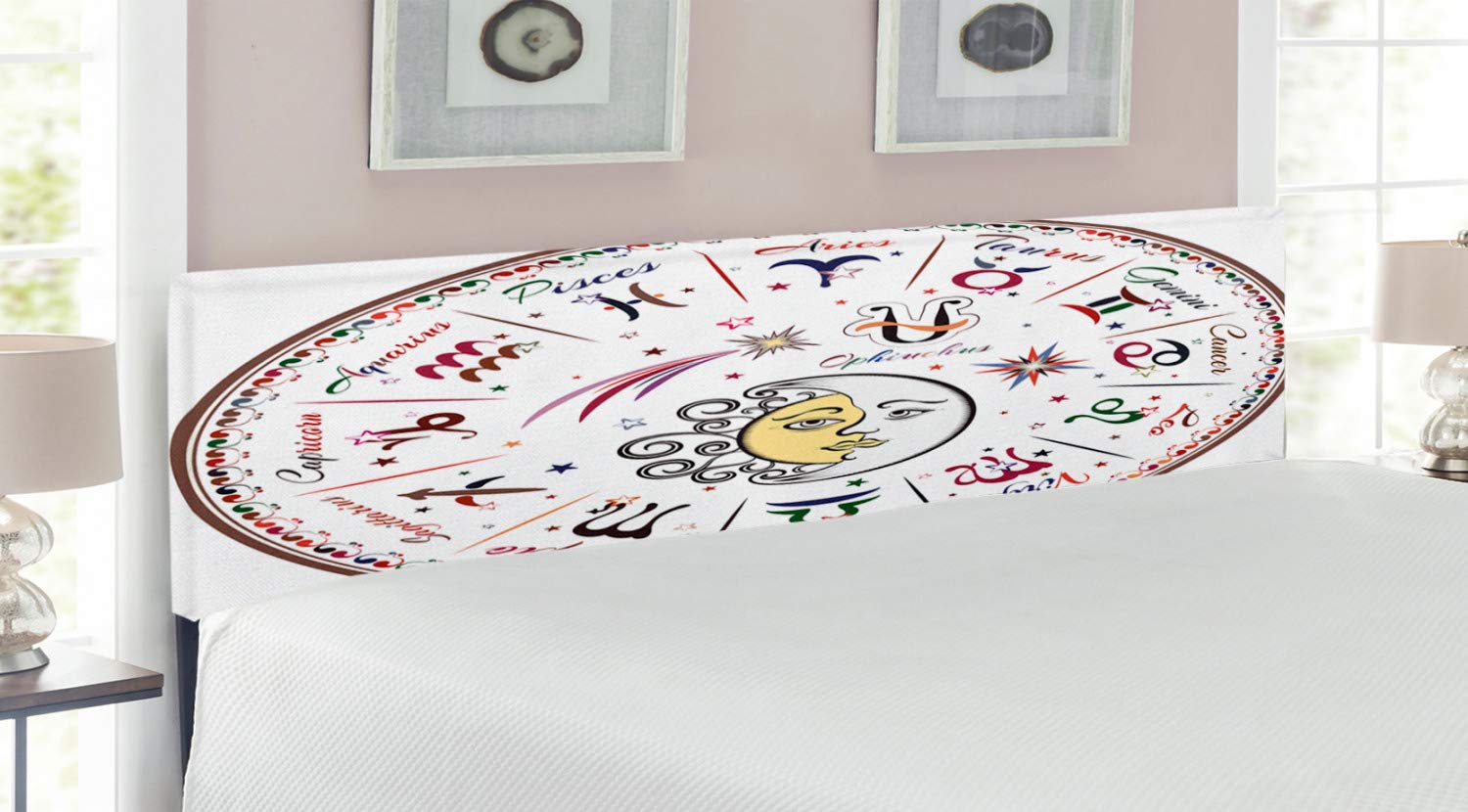 Ambesonne Zodiac Headboard - Colorful Astrology Map with Sun & Moon Design, Upholstered Metal Bed Frame with Memory Foam - King Size Multicolor Headboard for Bedroom Decor | Perfect for Astrology Lovers & Celestial Theme Bedrooms