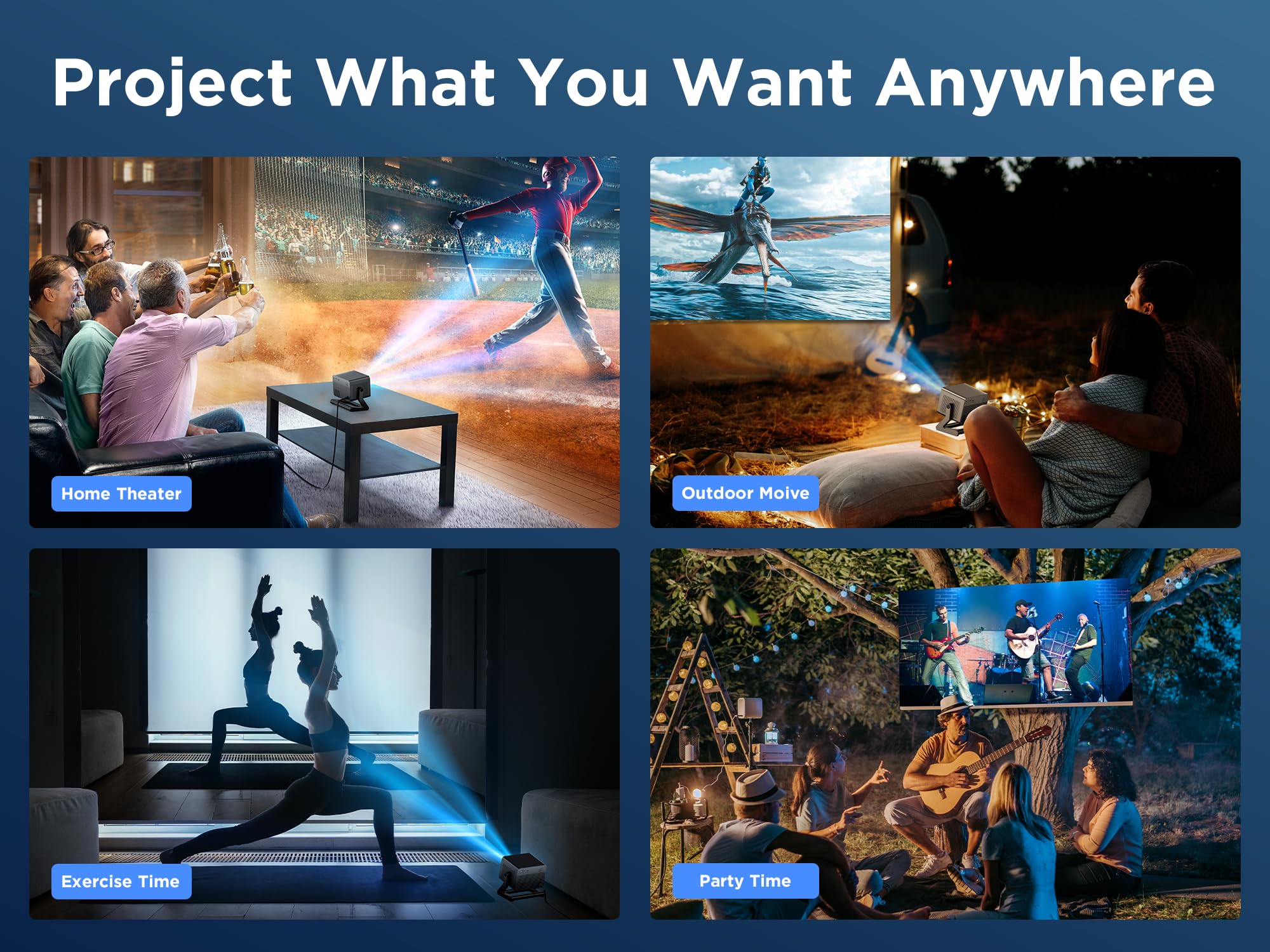360° Adjustable Stand WiFi Bluetooth Projector - 4K & 1080P HD Portable Outdoor Movie Projector with WiFi 6 | Compatible with iPhone, Android, TV Stick, HDMI, USB, AV | Perfect for Home Theater, Camping, Backyard Movies & Office Presentations