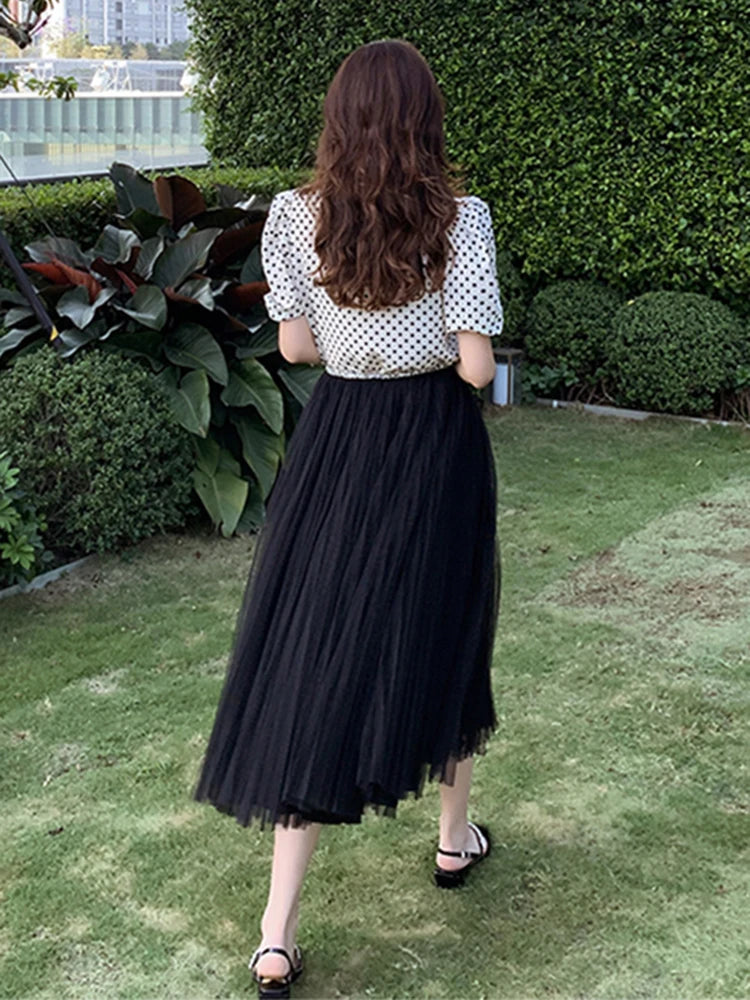 Black High Waist A-Line Mesh Midi Skirt for Women - Minimalist Solid Summer Skirt | Perfect for Casual Outings, Beach Vacations & Date Nights