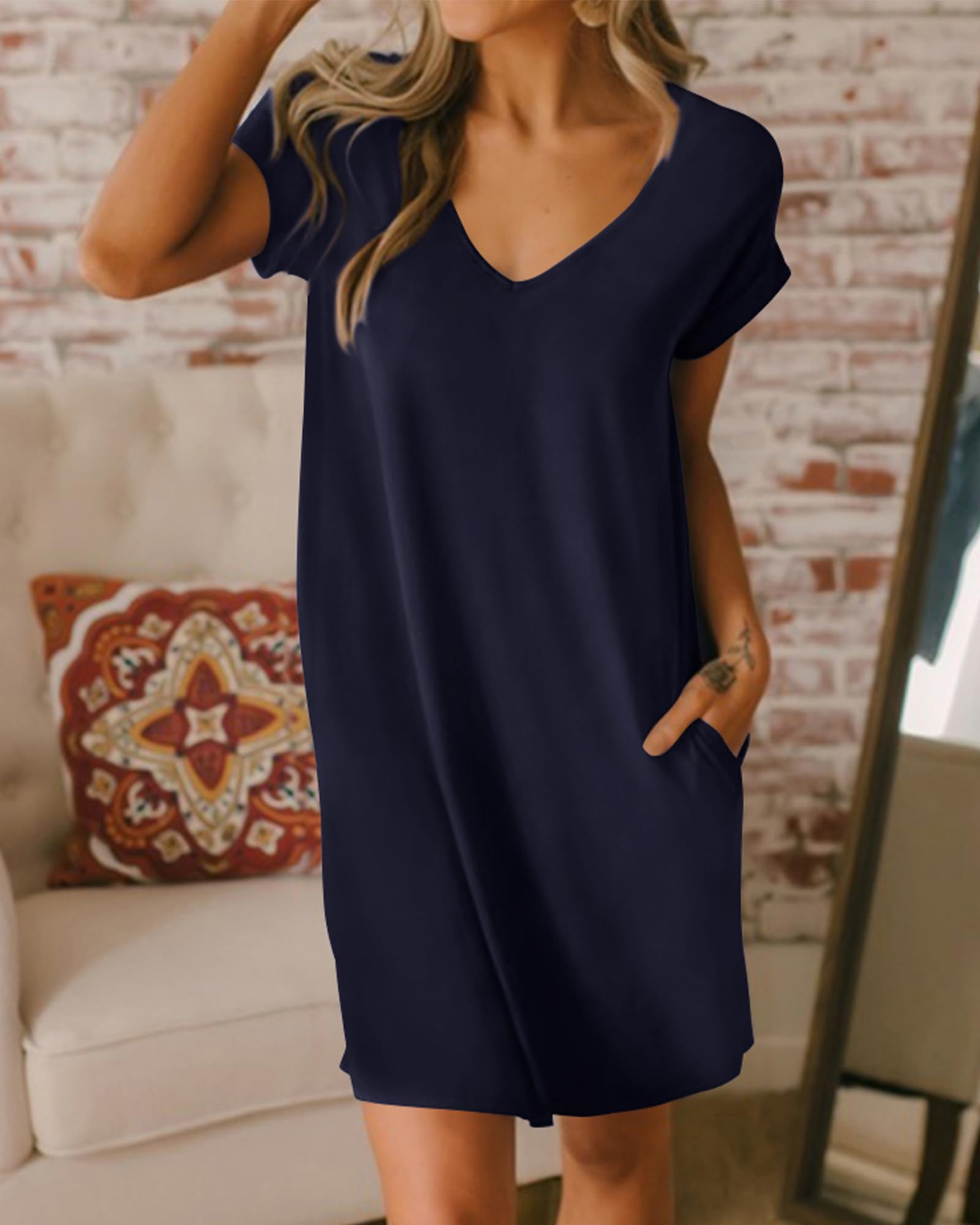 BTFBM Women's V-Neck Short Sleeve Summer Dress 2025 - Casual Loose Tunic T-Shirt Dress with Pockets | Spring Outfits, Beach Wear, Lounge Pajamas & Everyday Comfort
