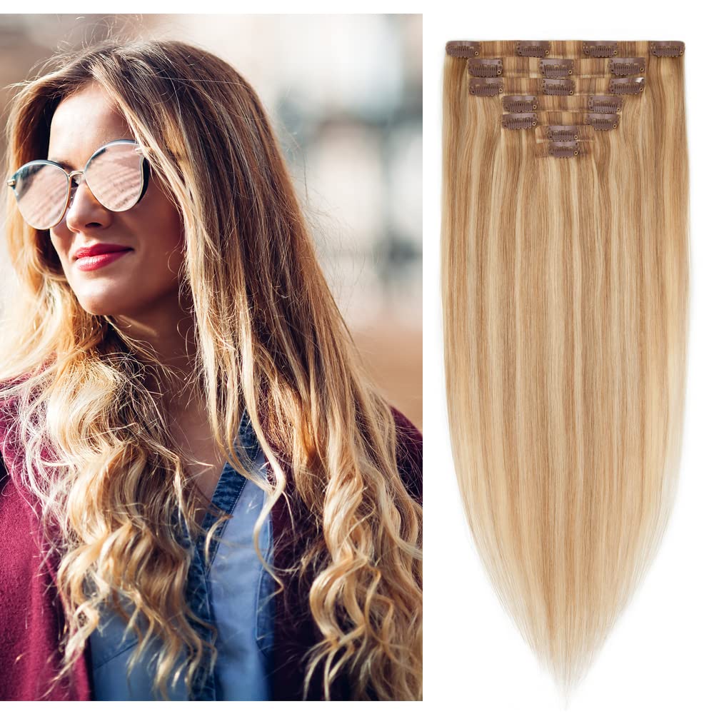 Seamless Clip-In Hair Extensions 18'' – 100% Remy Human Hair, Invisible & Natural Look, 7-Piece Set with 16 Clips (Ash Blonde & Bleach Blonde, 115g) – Perfect for Volume, Length & Styling for Weddings, Parties & Daily Wear
