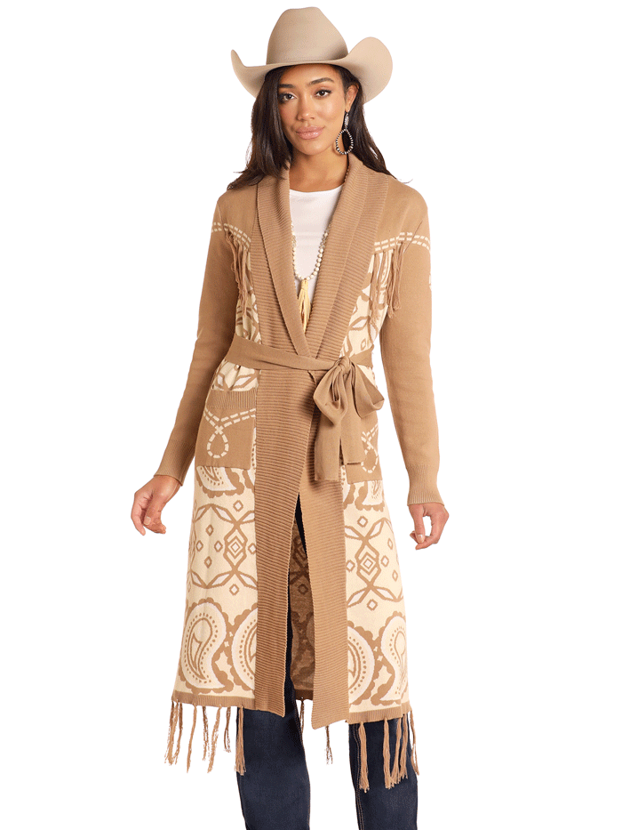 Panhandle LW95T04627 Women's Fringe Trim Sweater Duster Cardigan - Taupe Tan | Boho Chic Outerwear for Fall & Winter | Perfect for Casual Outings, Office Wear & Layering