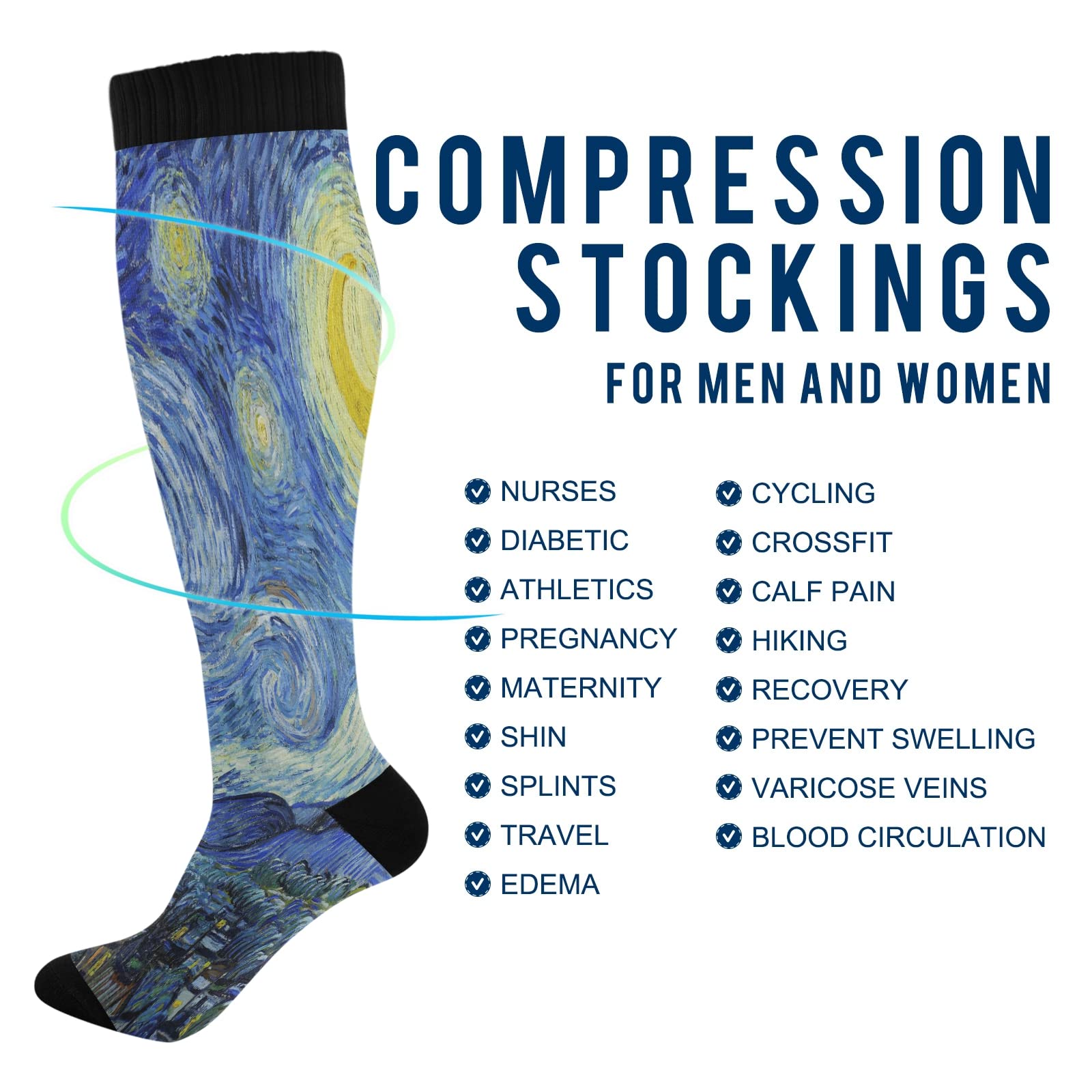 **Compression Socks for Women & Men – Knee High Support Socks for Running, Hiking, Fitness – The Starry Night Design – Perfect for Workouts & Travel**