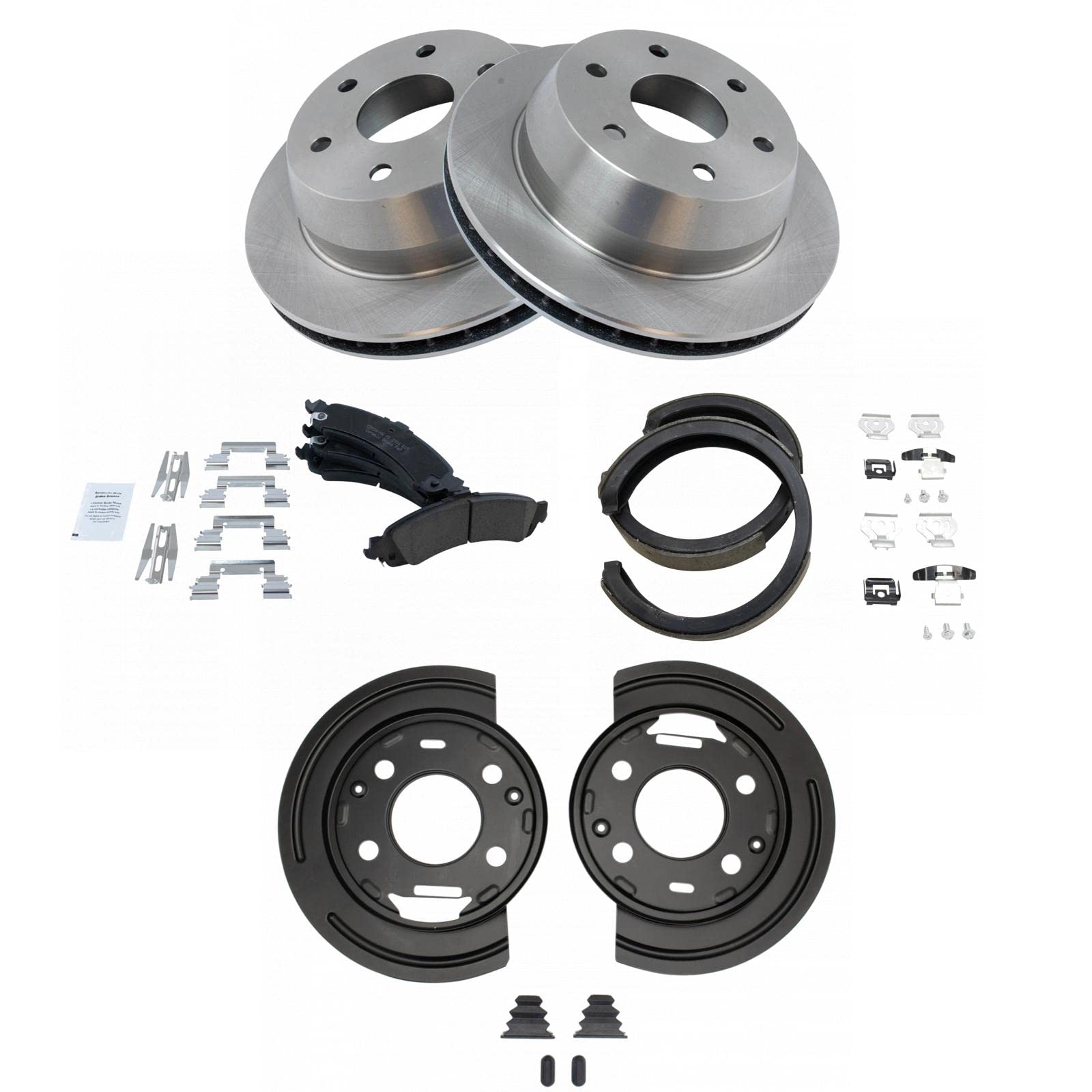 TRQ Rear Ceramic Brake Pads & Rotors Kit with Parking Shoes & Backing Plates for GM Silverado/Sierra 1500/2500/3500 Trucks - Perfect for Heavy-Duty Towing & Off-Road Driving