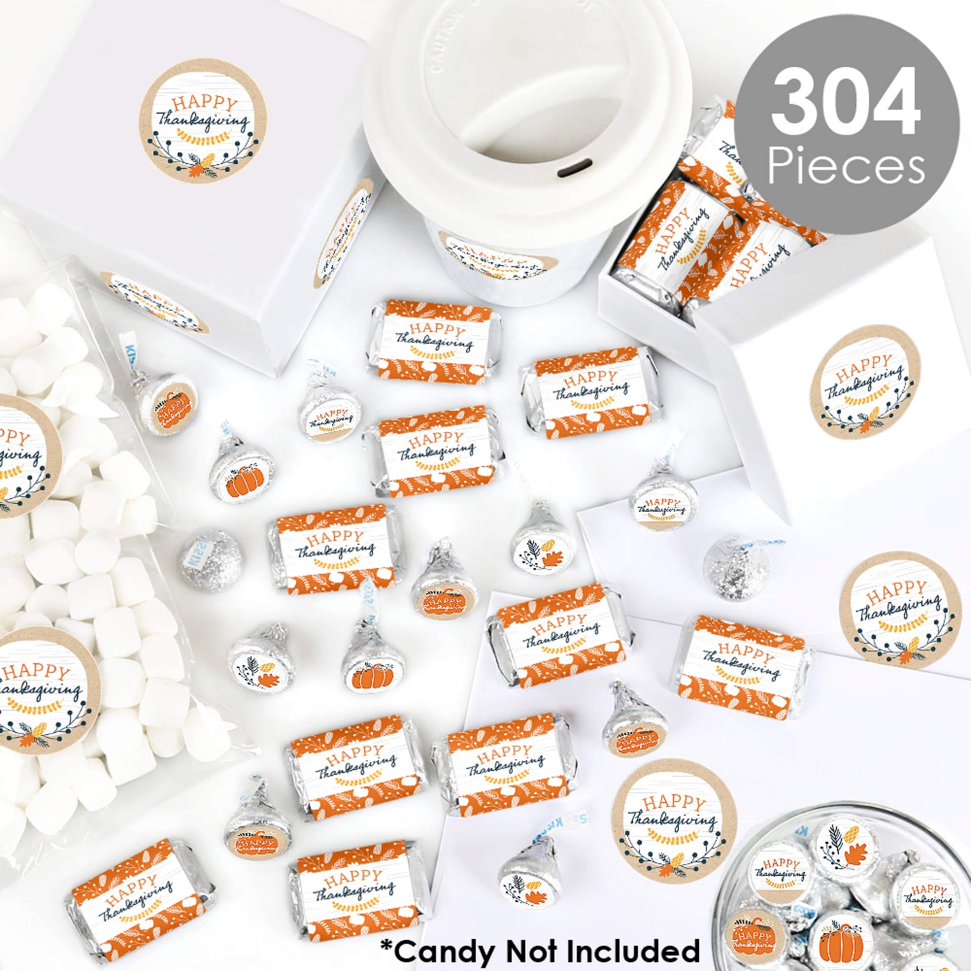 Happy Thanksgiving Mini Candy Bar Wrappers & Stickers - 304pc Fall Harvest Party Favor Kit for DIY Treats, Classroom Rewards & Holiday Decorations