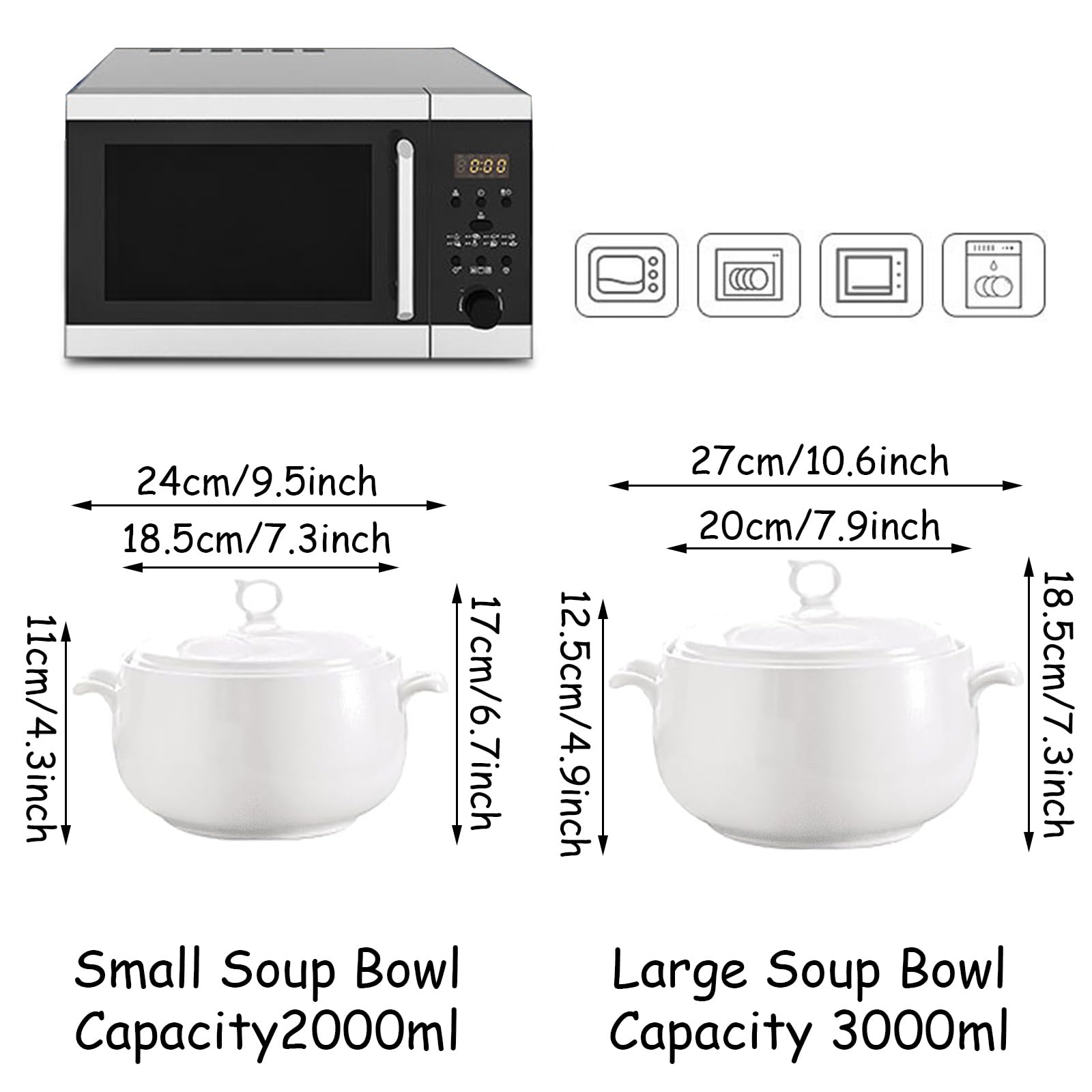 3L Ceramic Soup Tureen with Lid - Large Round Serving Bowl with Loop Handles, Microwave & Dishwasher Safe Pure White Porcelain Tureen for Kitchen - Perfect for Family Dinners, Holiday Meals & Restaurant Serving