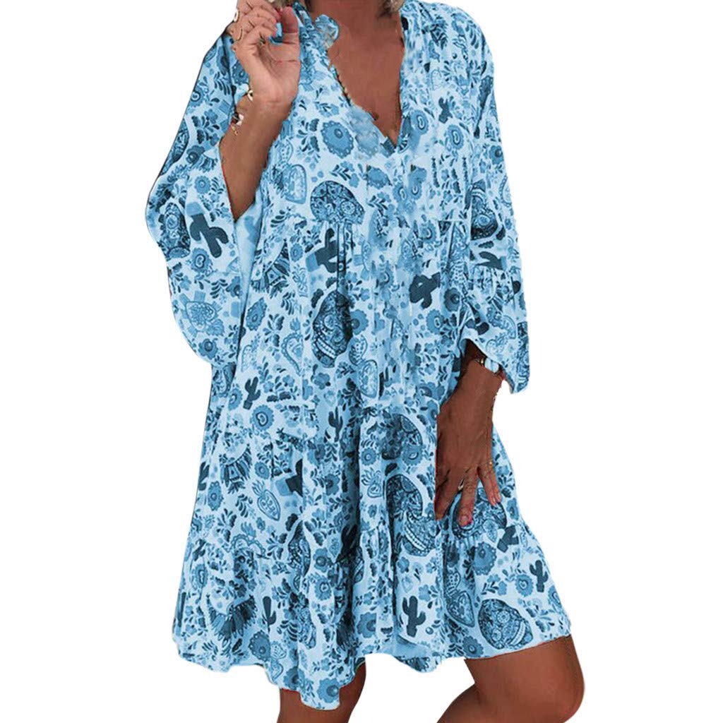 Plus Size V-Neck Long Sleeve Floral Print Women's Casual Dress - Loose Fit Button Down Mini Dress for Hiking, Travel & Outdoor Activities