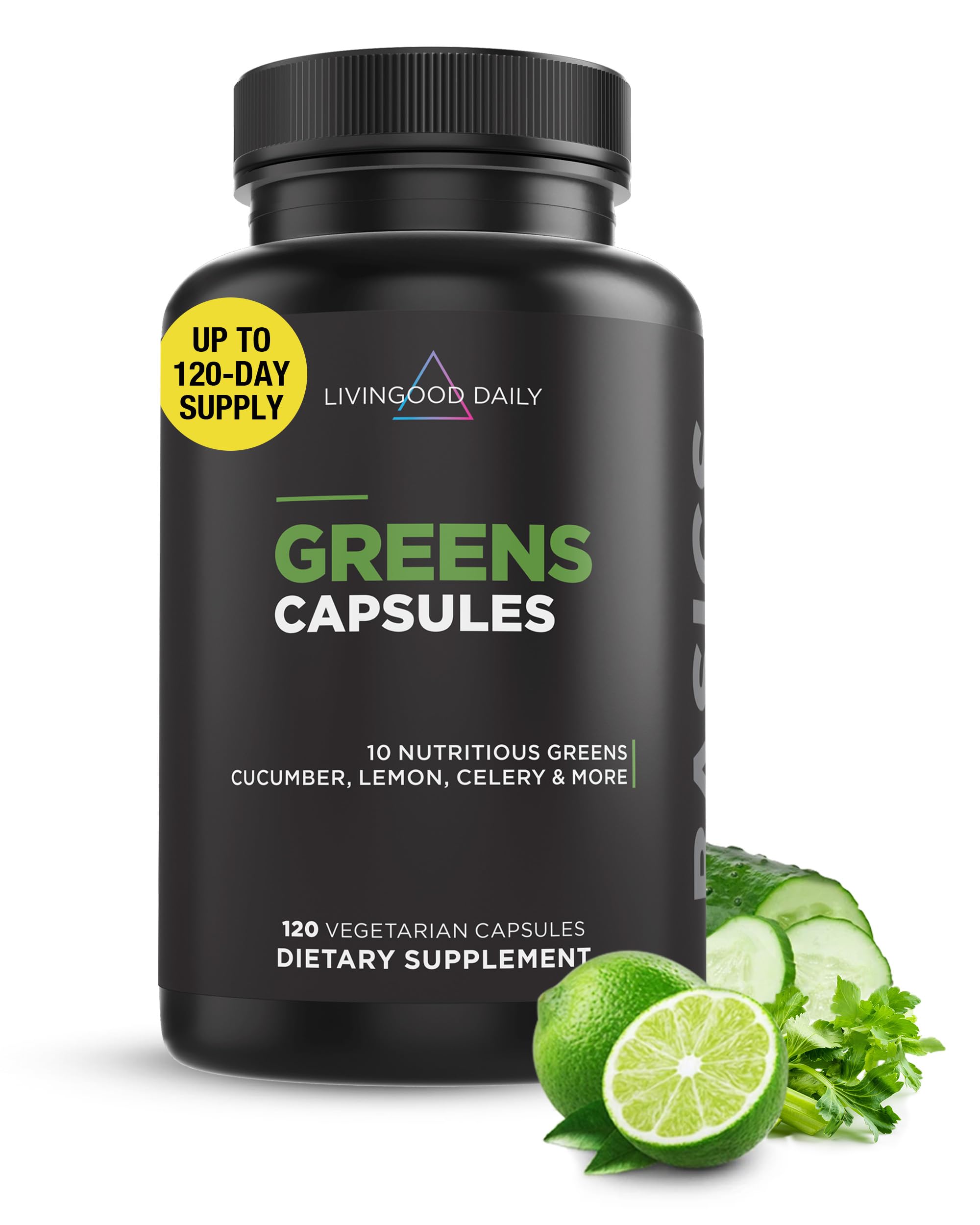 Livingood Daily Greens Capsules (120 Vegetarian Capsules) - Super Greens Powder Supplement with Spirulina, Chlorella, Broccoli & Spinach for Energy Boost, Digestive Support & Gut Health - Fruit & Vegetable Supplement for Active Lifestyles, Detox & Immune Support