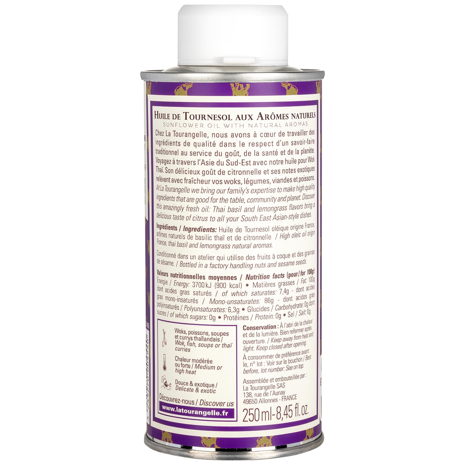 La Tourangelle Thai Wok Oil - Natural Sunflower Oil Infused with Thai Basil & Lemongrass - 250ml - Perfect for Stir-Fries, Asian Cooking & Flavorful Marinades