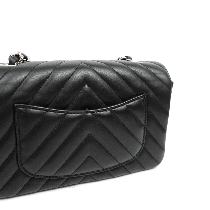 Chanel Chevron Mini Rectangular Flap Bag in Black Lambskin Leather with Silver Hardware - Perfect for Evening Events & Luxury Fashion Accessories