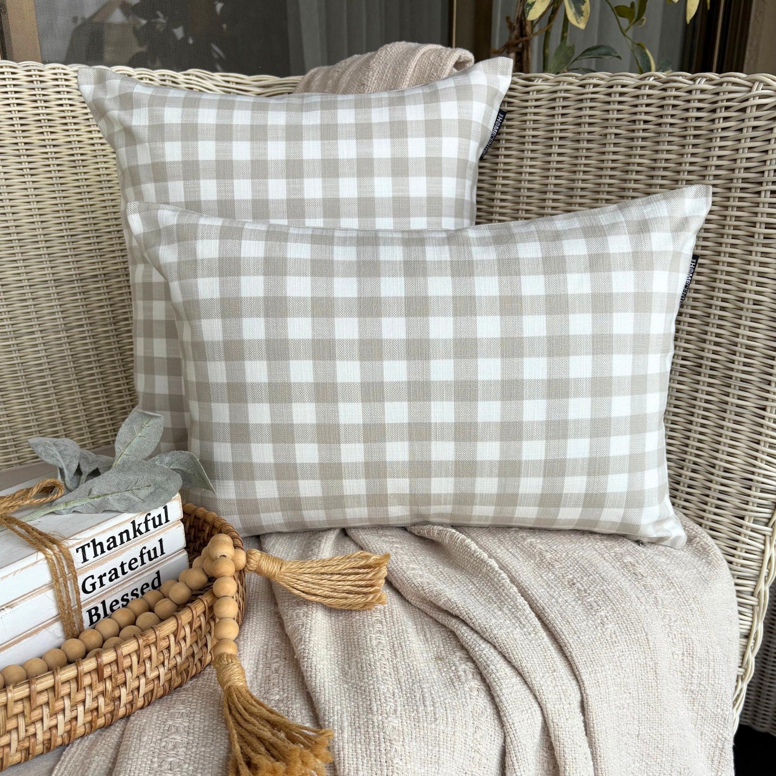 Beige Cotton Throw Pillow Cover - Soft Checkmate Design for Sofa & Bed Decor - Home Living Room & Bedroom Accessories