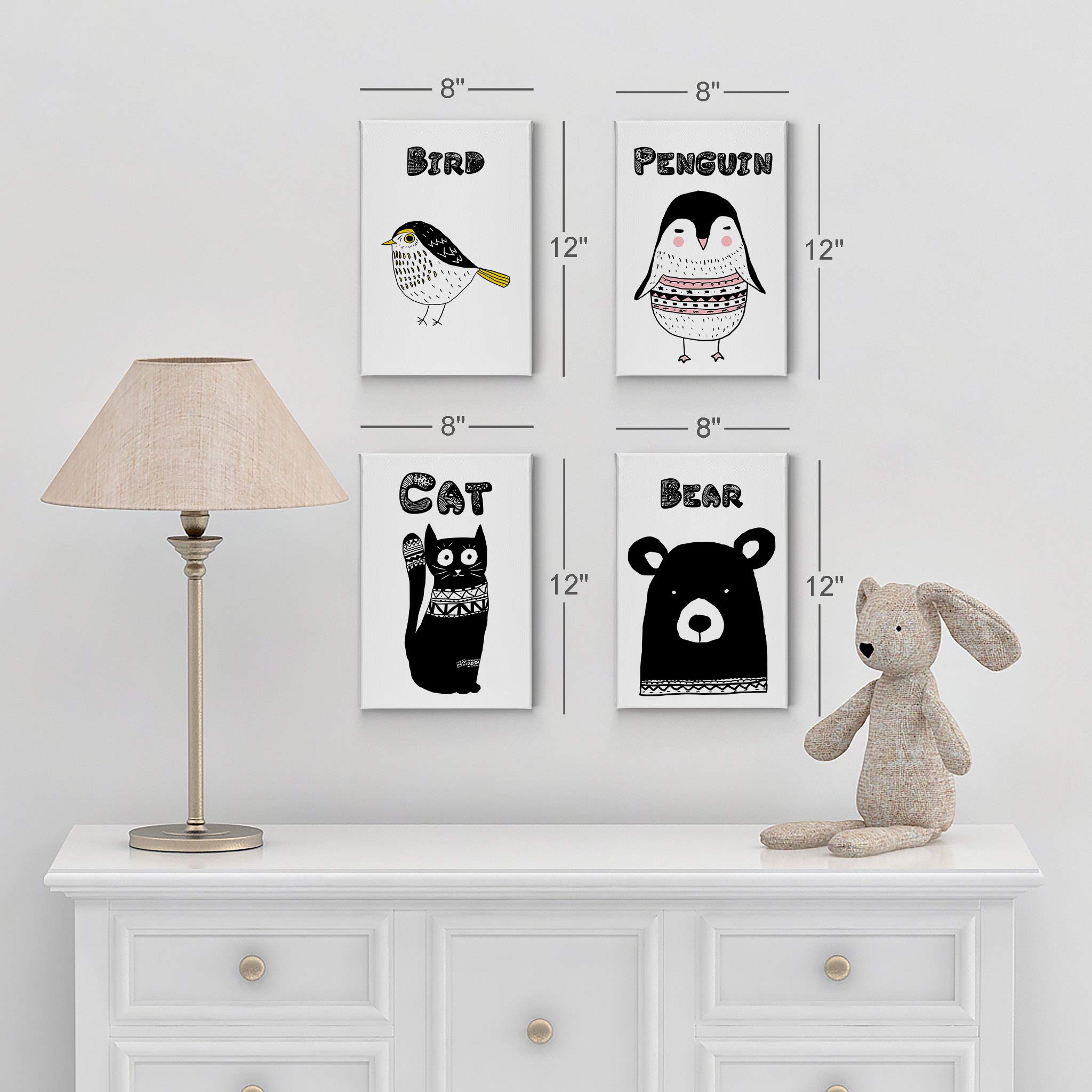 4-Panel Cute Animal Canvas Wall Art Set - Bird, Cat, Penguin & Bear Prints for Kids Room, Nursery & Baby Room Decor - Ready to Hang Made in USA (36x24 Inches Each) - Perfect for Playrooms, Bedrooms & Daycare Centers