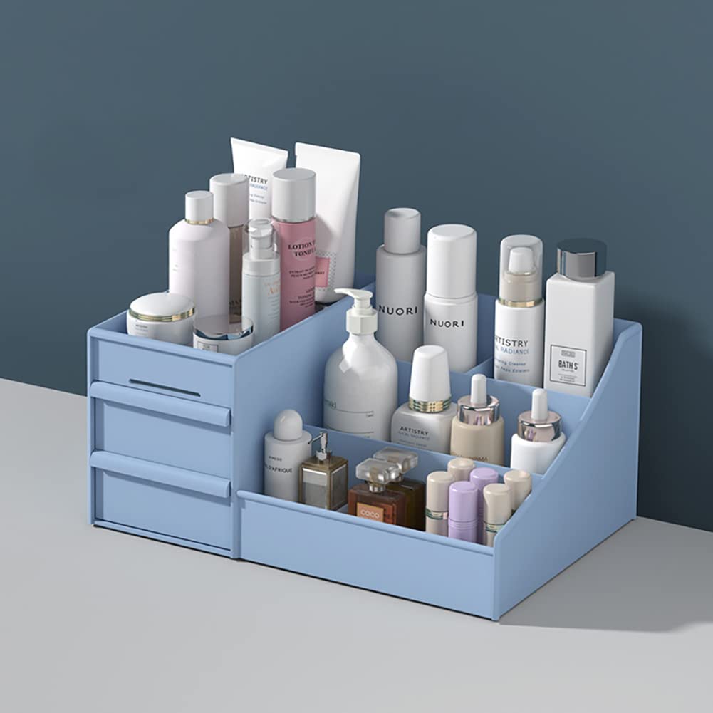 Large Capacity Cosmetic Storage Organizer - Makeup Drawer Jewelry Nail Polish Case with 3 Drawers, Portable Desktop Vanity Organizer for Beauty Accessories (Blue) | Perfect for Bedroom, Bathroom & Travel Makeup Storage