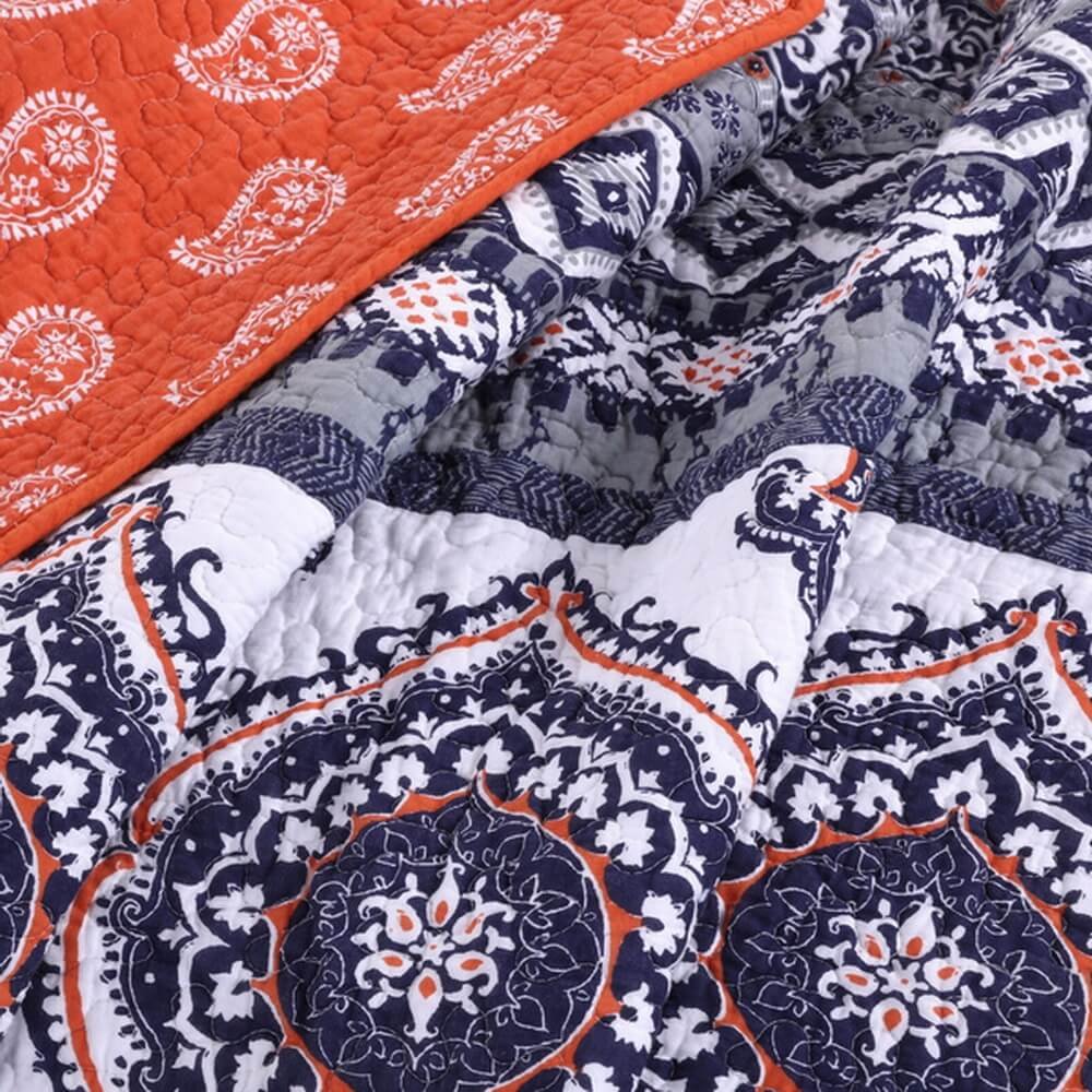 Boho Chic Moroccan Paisley Pattern Grey Orange Cotton 3-Piece Full/Queen Size Quilt Bedding Set - Soft & Stylish Bedspread for Bohemian Bedroom Decor