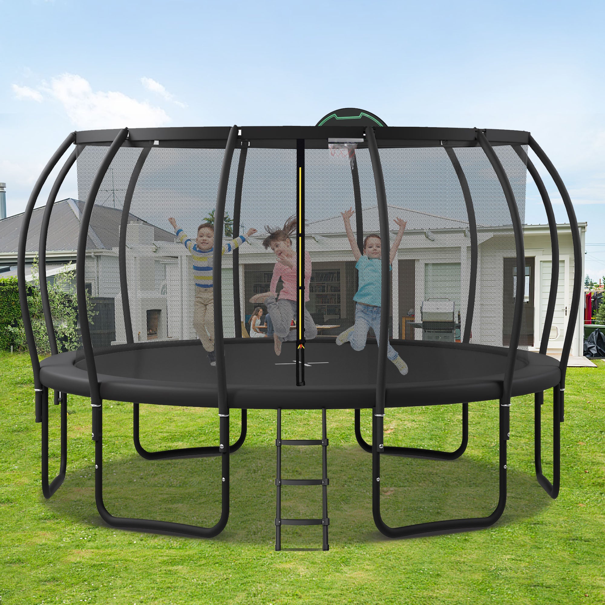15FT Kids Trampoline with Safety Enclosure - Upgraded ArcPole & Composite TopLoop, Includes Basketball Hoop & 12 Ground Stakes | Outdoor Backyard Play Equipment for Physical Training & Family Fun