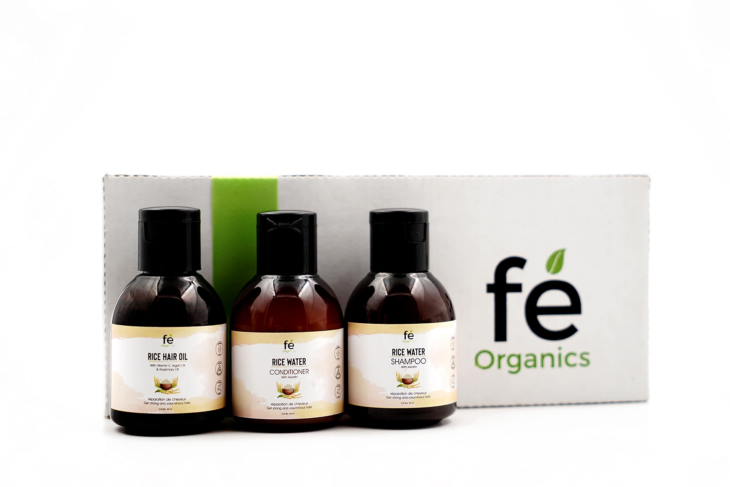 Fe Organics Rice Hair Care Combo - Shampoo, Conditioner & Hair Oil Travel Set (60ml Each) | Sulfate-Free & Natural Ingredients for Dry, Damaged Hair | Perfect for Vacation, Gym & On-the-Go Haircare
