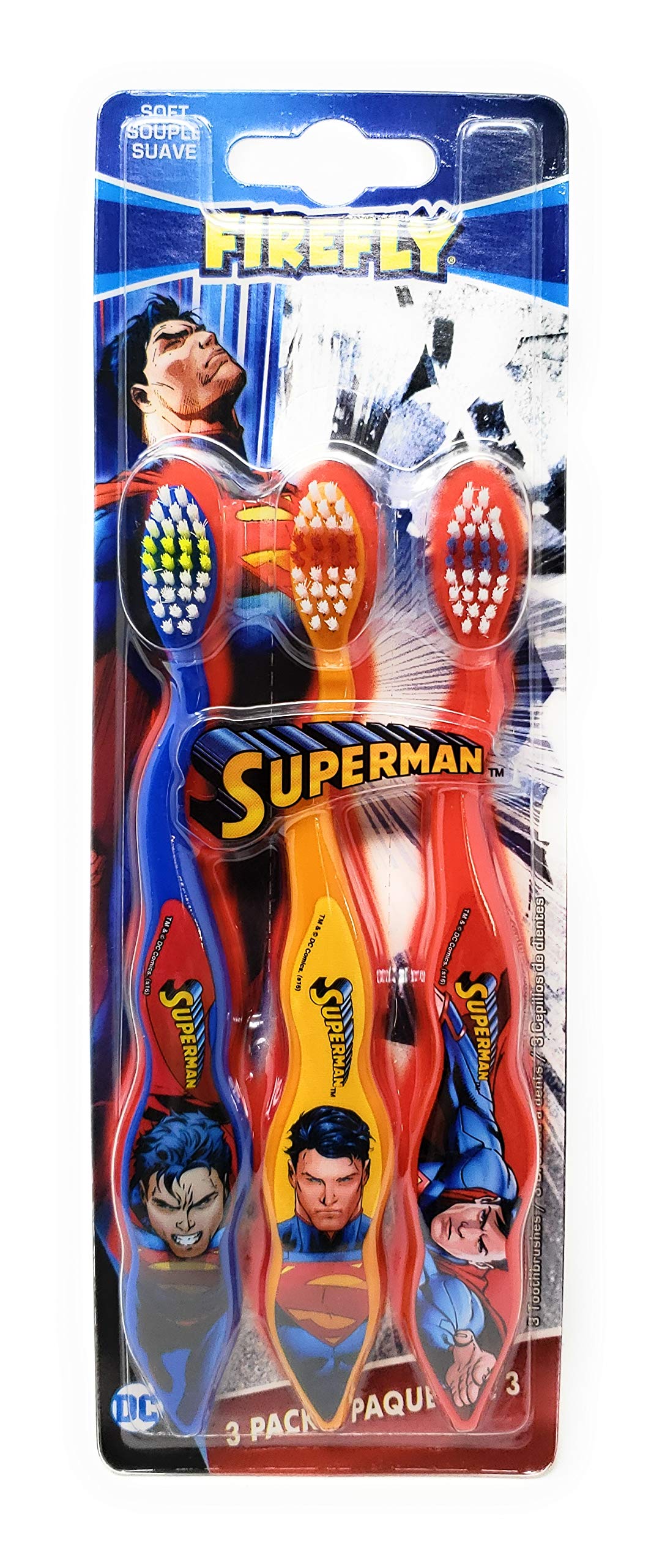 Firefly Superman Toothbrushes for Kids - Soft Bristles, 3-Pack - Fun Superhero Toothbrush Set for Daily Oral Care & Children's Dental Hygiene