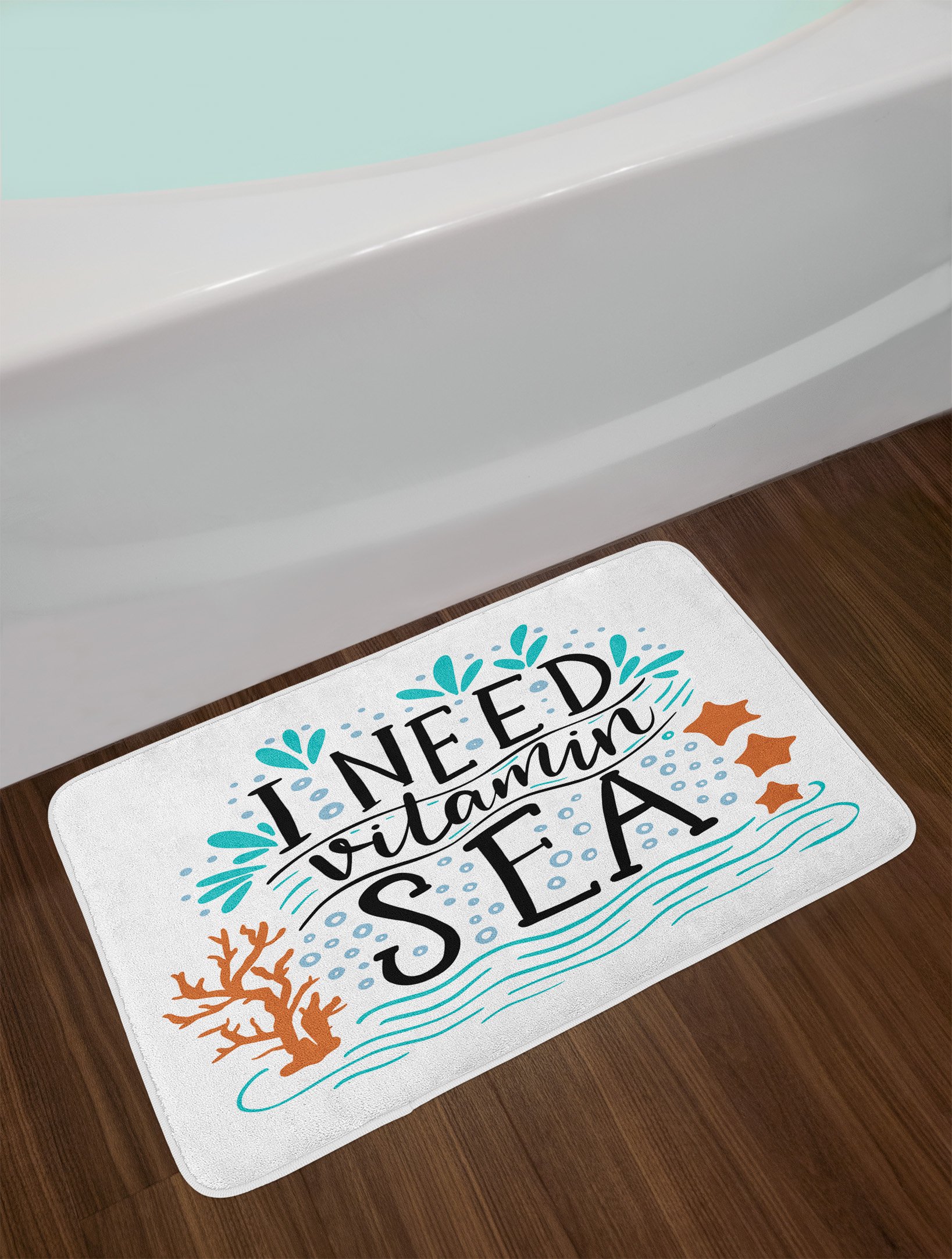 Ambesonne Non-Slip Plush Bath Mat - Hand Drawn Vitamin Sea Design with Coral, Waves, Starfish & Bubbles | 30.2 x 20 Inch Soft Bathroom Rug for Beach Theme Decor, Coastal Style Homes & Spa Retreats