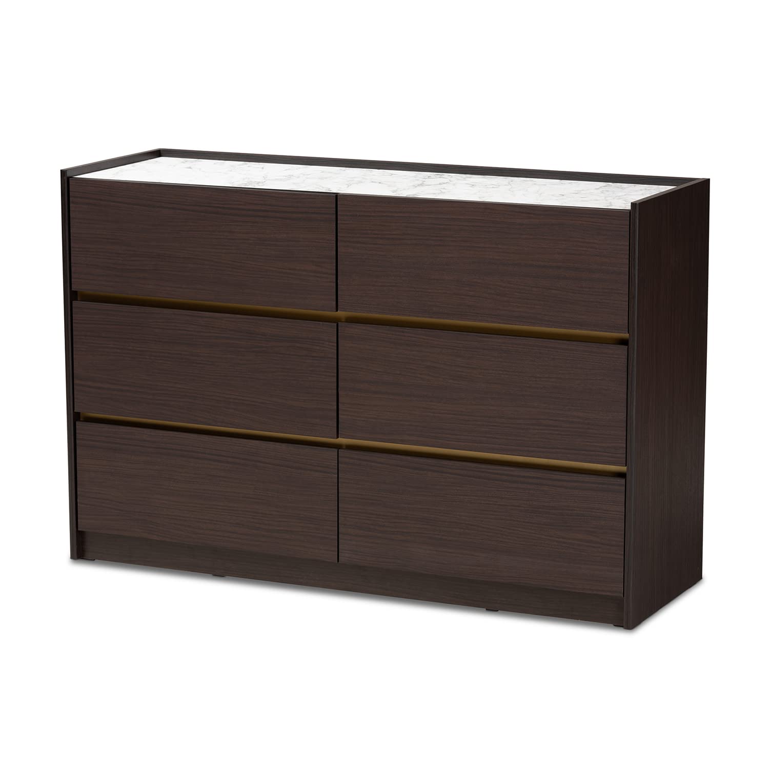 Baxton Studio Walker Modern 6-Drawer Dresser - Dark Brown & Gold Wood Finish with Faux Marble Top - Contemporary Bedroom Furniture for Master Bedroom, Guest Room & Apartment Decor