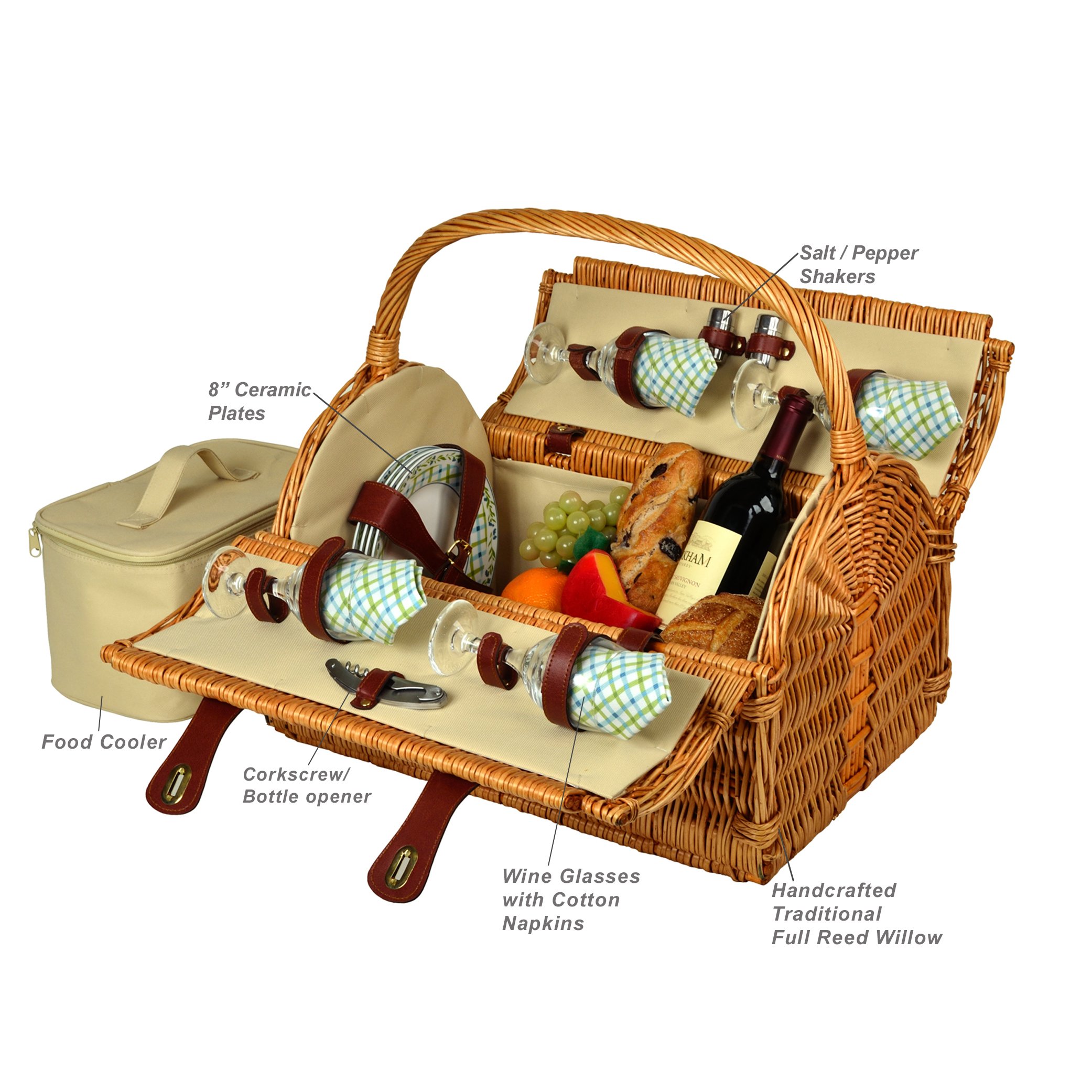 Premium Yorkshire Willow Picnic Basket for 4 - Classic Ascot Style with Complete Service Set | Perfect for Outdoor Dining, Garden Parties & Romantic Picnics