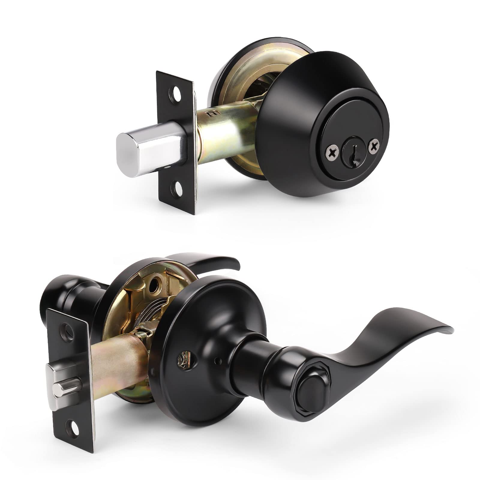 KNOBWELL Matte Black Exterior Door Lever Lock Set with Double Keyed Deadbolt - Keyed Alike Entry Door Handle for Enhanced Home Security - Perfect for Front Doors, Back Doors & Patio Access