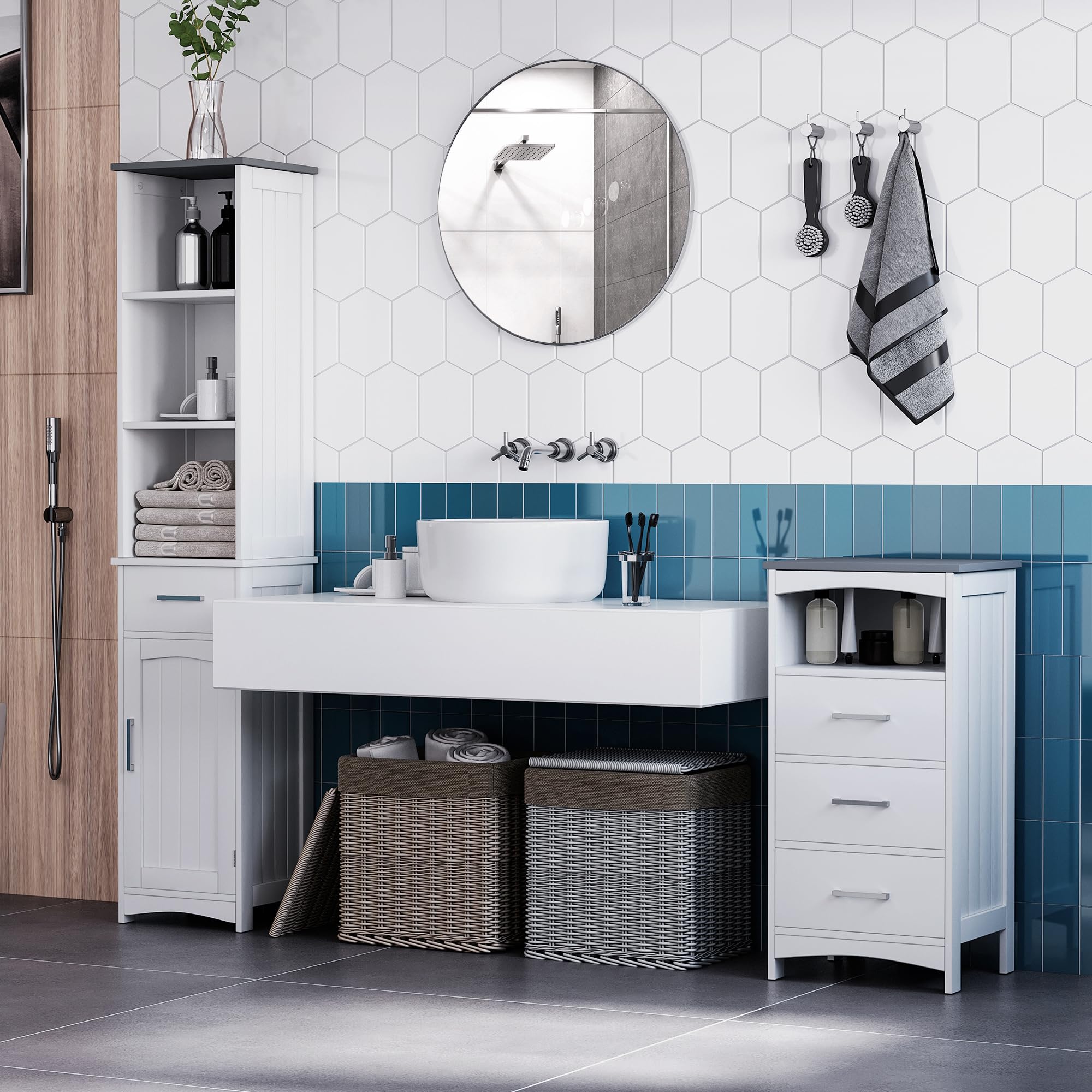 Kleankin 3-Tier Tall Bathroom Storage Cabinet with Adjustable Shelves & Drawer - Slim Freestanding Linen Tower for Bathroom Organization - White - Perfect for Small Spaces, Apartment Bathrooms & Closet Storage