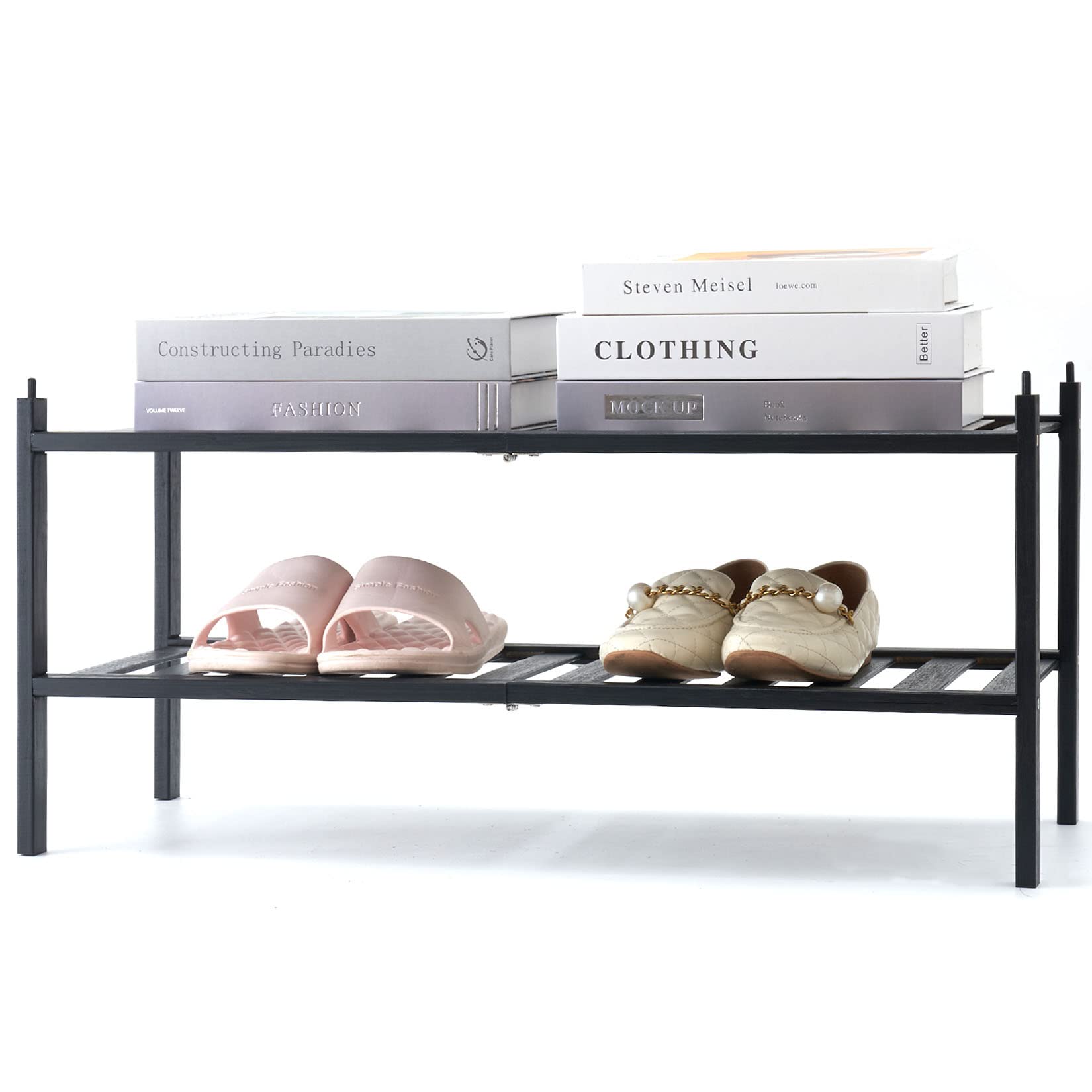 Premium 2-Tier Bamboo Shoe Rack Organizer - Stackable Shoe Storage Shelf for Entryway, Hallway, Closet - Space Saving Shoe Cubby for Living Room, Bathroom & Bedroom Organization (Black) - Perfect for Small Spaces & Home Decor