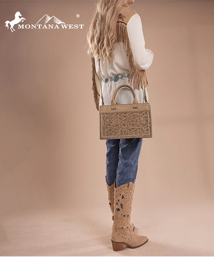 Montana West Floral Tooled Leather Tote Bag Set for Women - Stylish Handbag for Work, Travel & Everyday Use