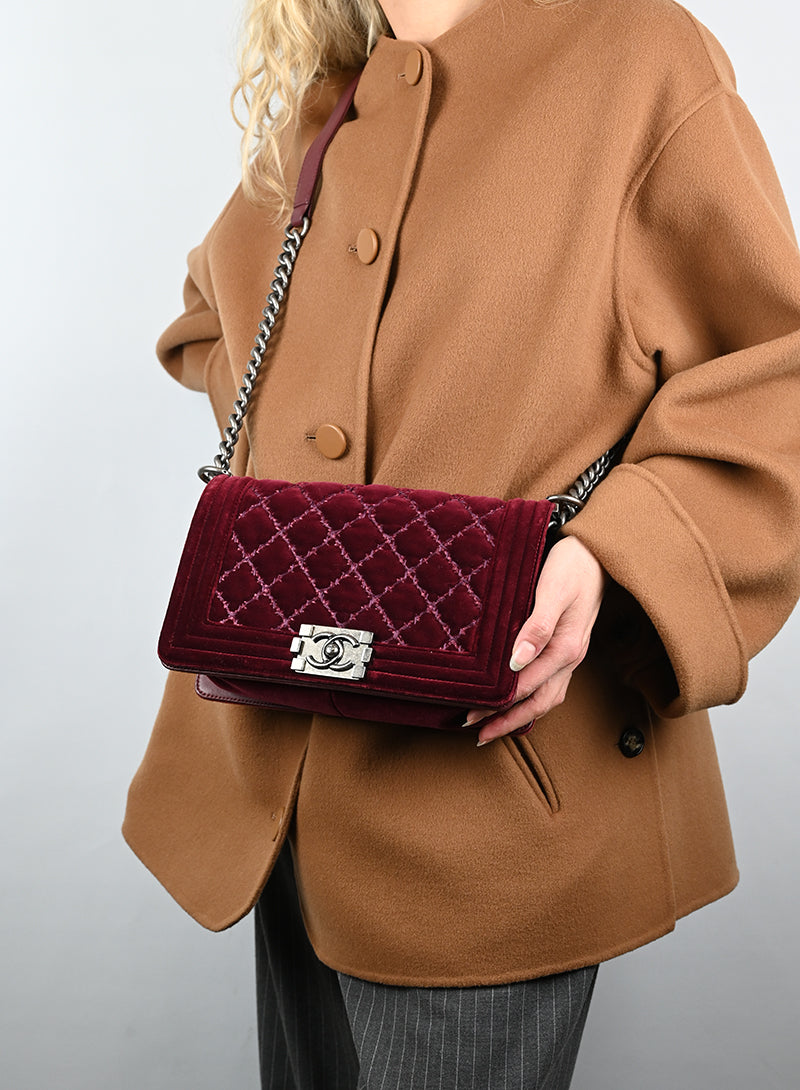 Chanel Burgundy Velvet Boy Bag - Luxury Quilted Shoulder Bag for Women | Perfect for Evening Parties, Weddings & Special Occasions