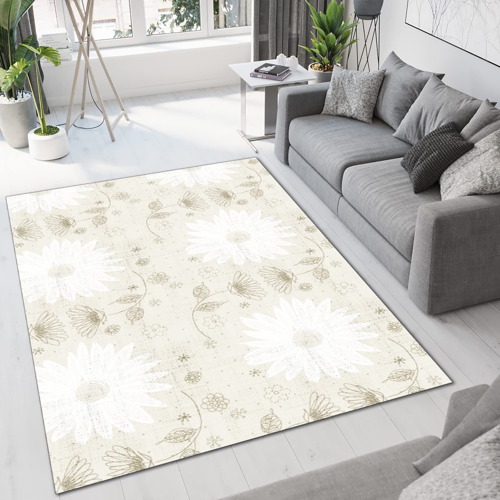 Lotus Print Non-Slip Area Rug 5x7ft - Soft Living Room Carpet, Bedroom Mat with Beautiful Floral Design, Waterproof for Bathroom & Balcony - Perfect for Home Decor, Yoga, and Kids Play Area