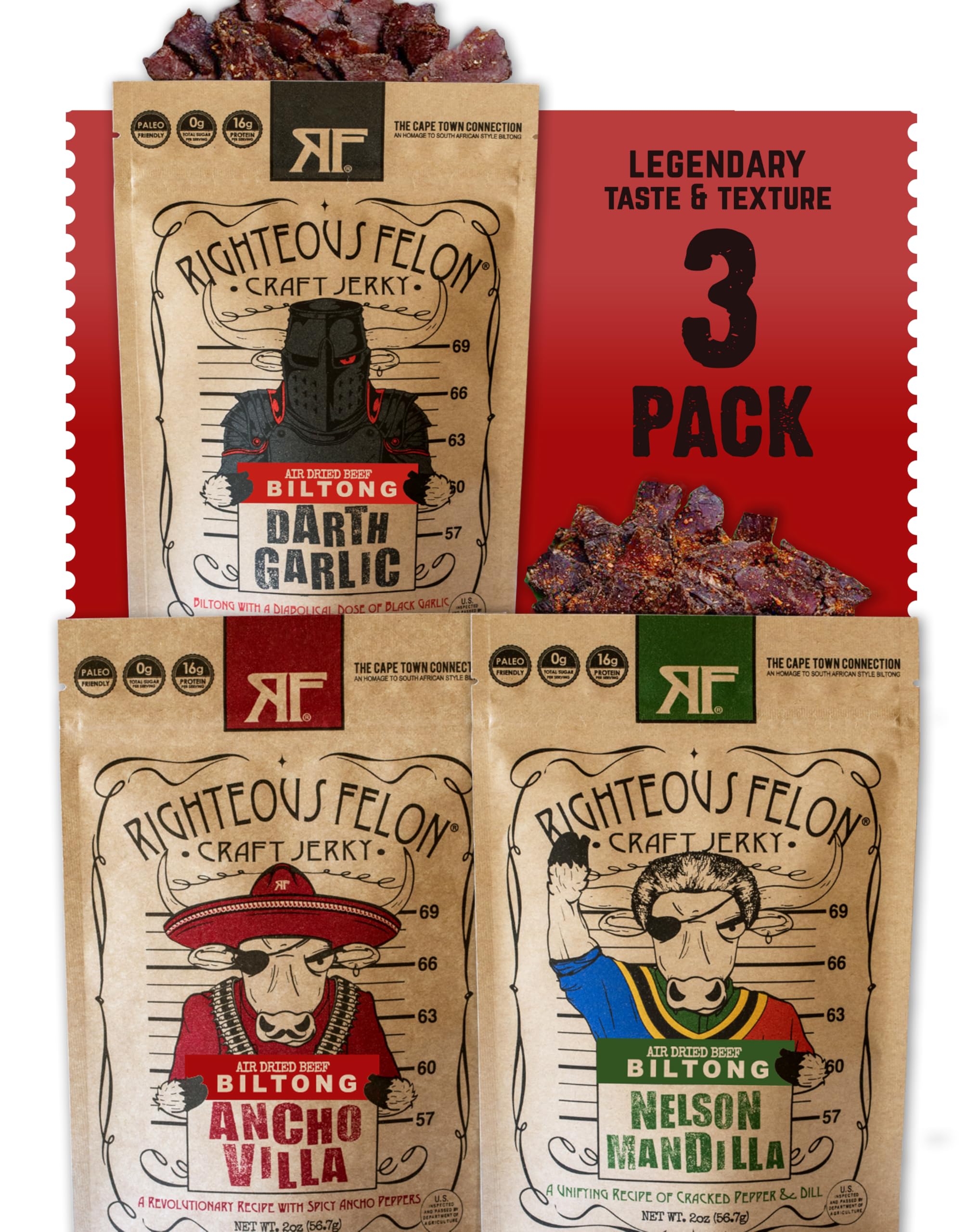 Premium South African Biltong Beef Jerky Variety Pack - High Protein, Keto-Friendly, Low Sugar Snacks | 3 Pack of Gourmet Dried Meat | Perfect for Men's Gifts, Camping, Hiking & Office Snacking | Made with 100% Premium Beef