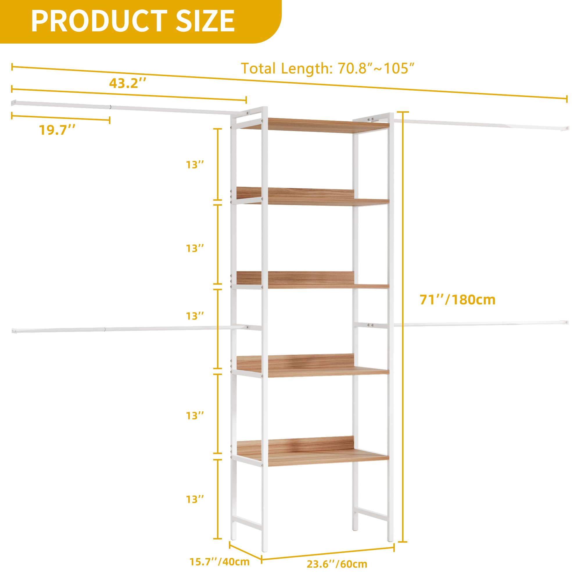 DWVO Heavy Duty Adjustable Closet Organizer System - 4 Expandable Hanger Rods & 5-Tier Wood Shelves with Backboard for Walk-In Closets, Bedrooms (Fits 6-9 ft Spaces) - Perfect for Closet Organization, Garment Storage & Home Decor