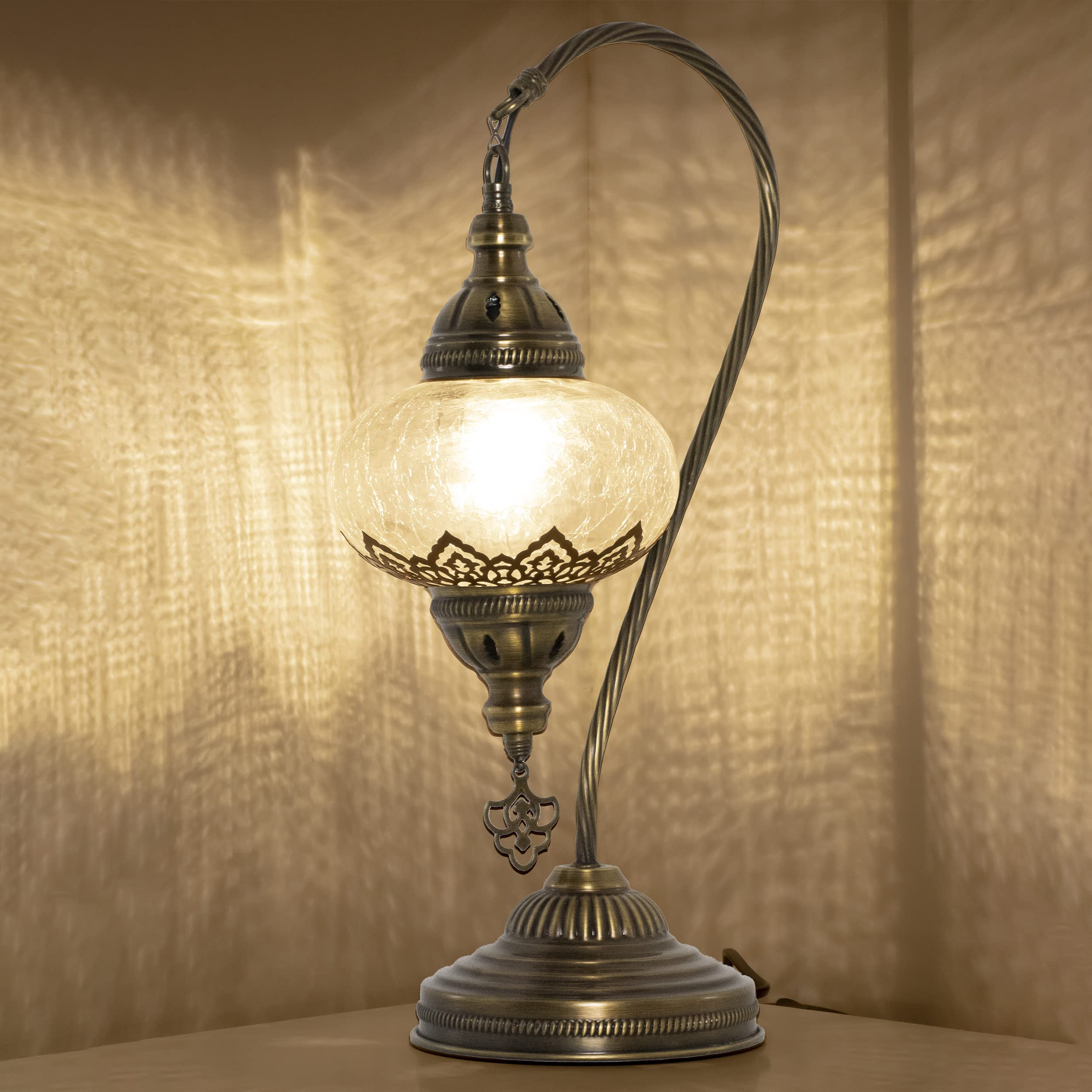 Vintage Bohemian Clear Glass Swan Neck Table Lamp - Moroccan Turkish Style Tiffany Gooseneck Desk Light with E12 Socket & US Plug for Office, Living Room, Bedroom Decor | Crackle Glass Design for Rustic Home Ambience
