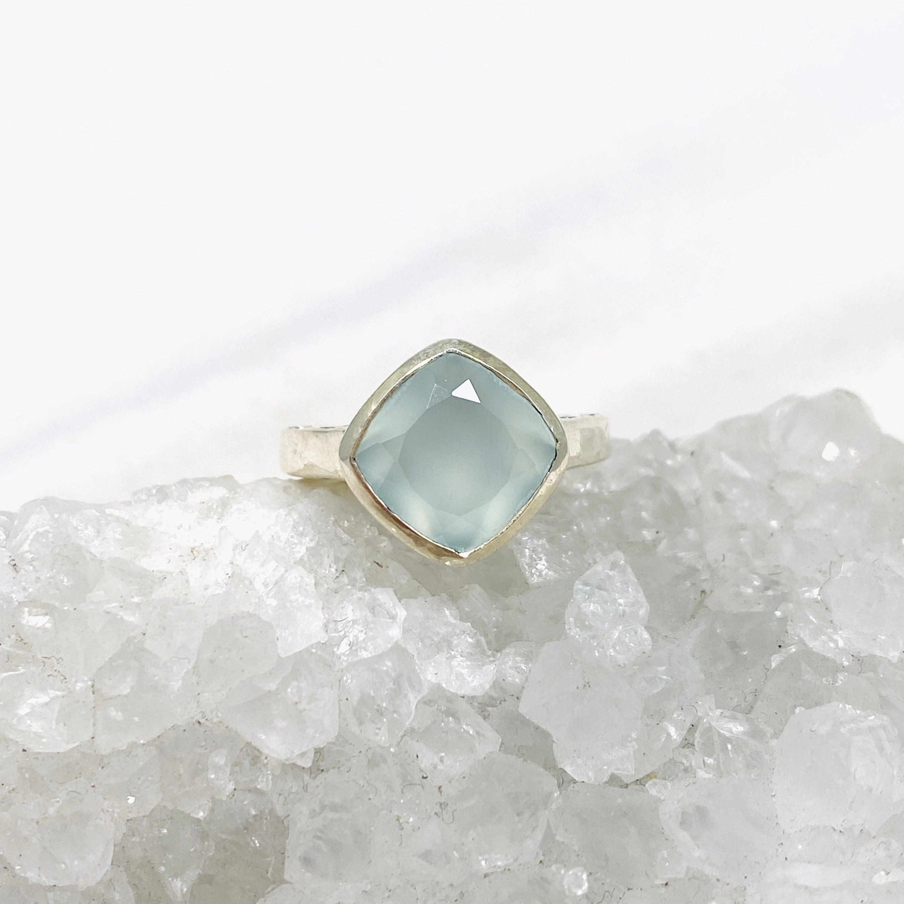 Aqua Chalcedony Boho Style Square Ring R3911 - Handmade Bohemian Jewelry for Women, Unique Gemstone Statement Ring - Perfect for Festivals, Parties & Everyday Wear