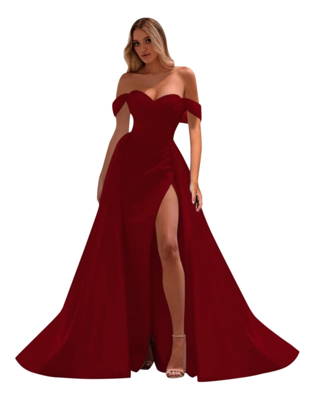Elegant Off Shoulder Prom Dresses for Women - Long Backless Split Ruched Satin Formal Evening Gowns for Homecoming, Wedding Guest & Special Occasions