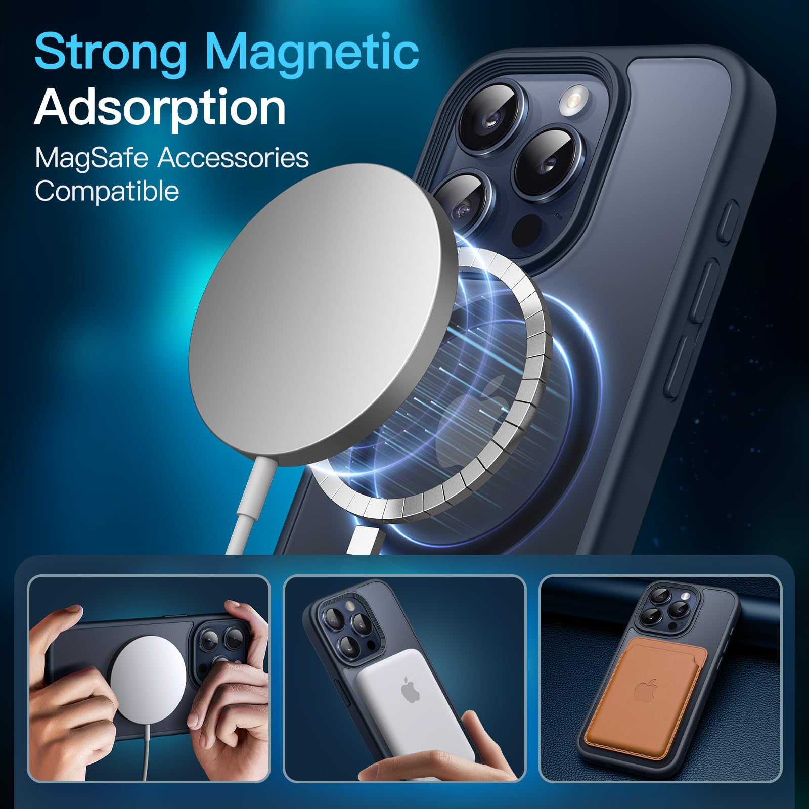 JETech 3 in 1 Magnetic Case for iPhone 15 Pro Max 6.7-Inch | 2 Pack Tempered Glass Screen Protectors | MagSafe Compatible | Translucent Matte Shockproof Phone Cover (Storm Blue) | Perfect for Daily Use, Travel & Outdoor Activities