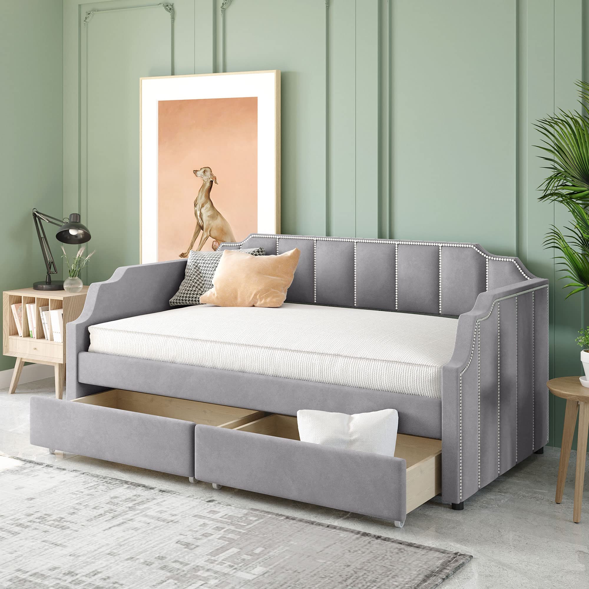 Velvet Grey Upholstered Twin Daybed with Storage Drawers - Wood Slat Support Sofa Bed Frame (No Box Spring Needed) - Perfect for Guest Rooms, Small Apartments & Home Offices