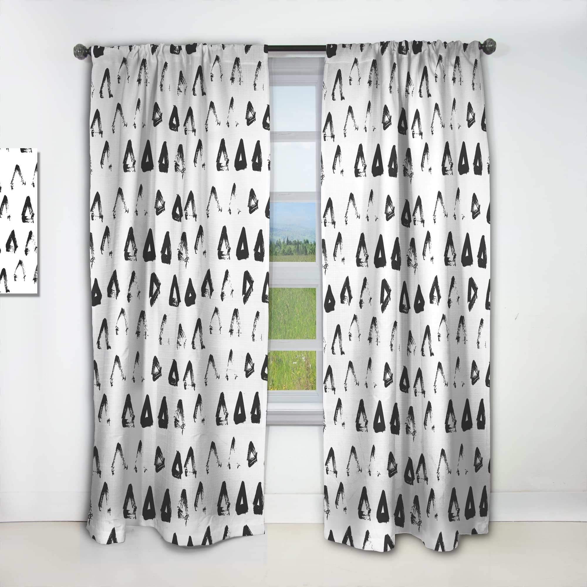 DesignQ Hand-Painted Black Triangle on White Thermal Insulated Curtain Panel - 52x84 Inches - Elegant Window Treatments for Bedroom & Living Room - Perfect for Modern Home Decor & Light Control