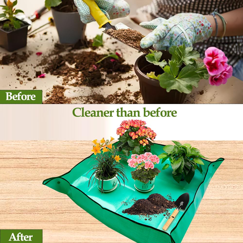 Large 39.37x39.37 Inch Green Repotting Mat - Indoor Gardening Essential Tool Set with Hand Tools | Perfect Plant Accessories for Women Gardeners | Ideal for Potting Plants, Transplanting & Home Gardening Projects
