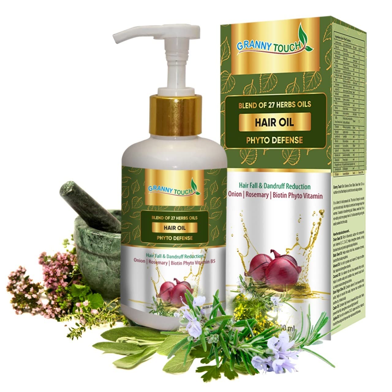 GRANNY TOUCH Onion Hair Oil for Hair Growth & Hair Fall Control - 27 Herbs & Onion Extract, 200ml (Pack of 1) | Natural Remedy for Thinning Hair, Split Ends & Scalp Care | Perfect for Daily Hair Nourishment & Styling