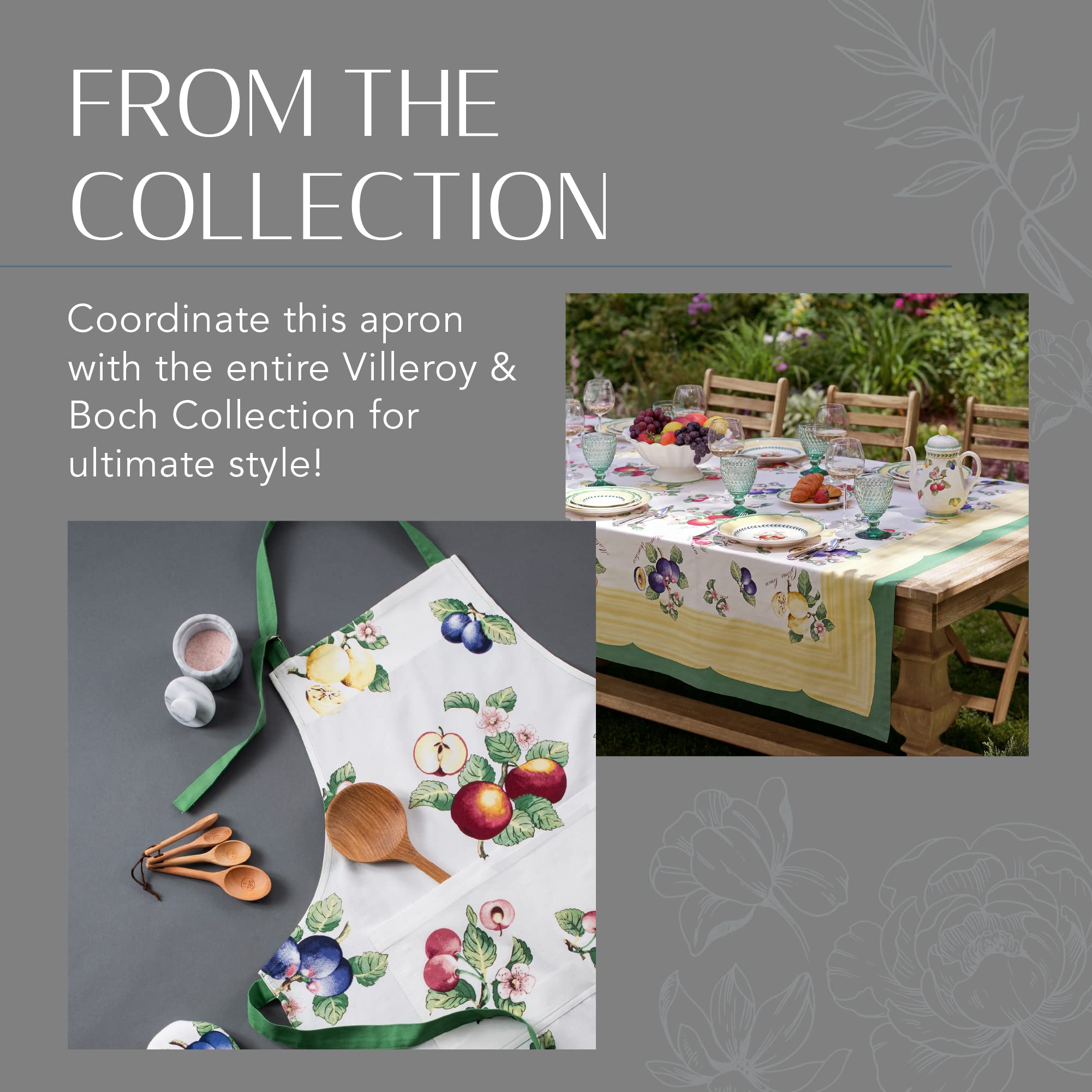 Elrene Home Fashions Villeroy & Boch French Garden Kitchen Apron - Premium Cotton Chef Apron for Cooking, Baking & Grilling - Stylish & Functional Home Kitchen Accessory for Women & Men