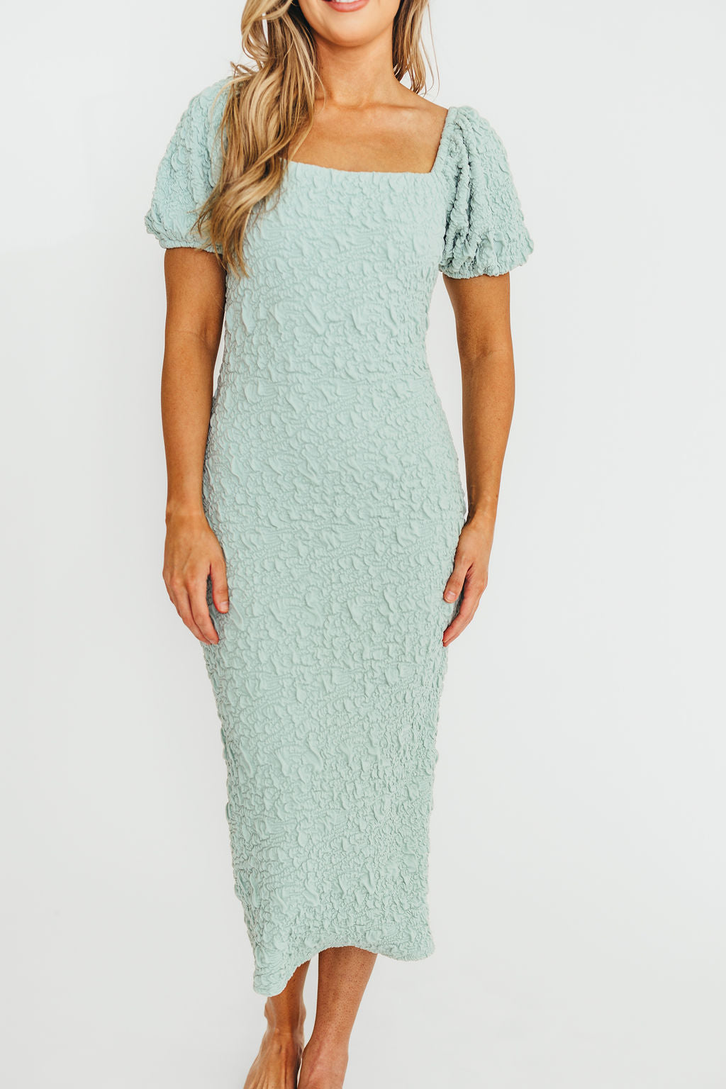 Blakeley Textured Midi Dress - Seafoam Green Bump Friendly Maternity Dress for Women | Perfect for Baby Showers, Maternity Photos & Everyday Wear