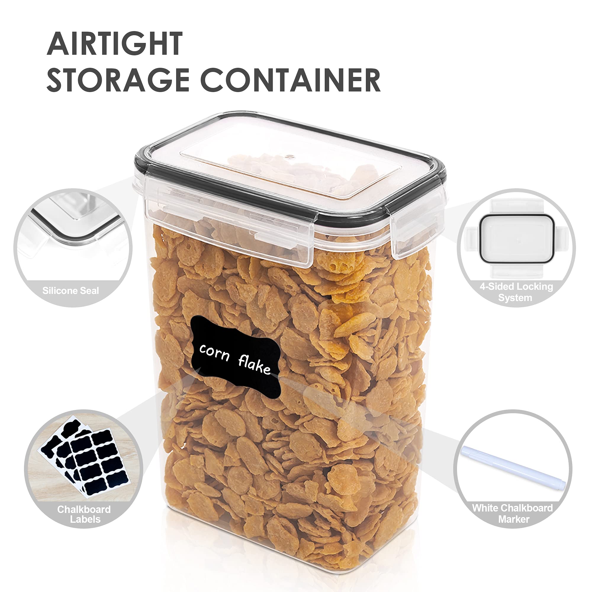 Vtopmart 9-Piece Airtight Food Storage Containers Set with Lids - BPA Free Plastic Kitchen Pantry Organizers for Flour, Cereal & Dry Food - Includes 2L Containers & 24 Labels (Black) - Perfect for Meal Prep, Baking & Pantry Organization