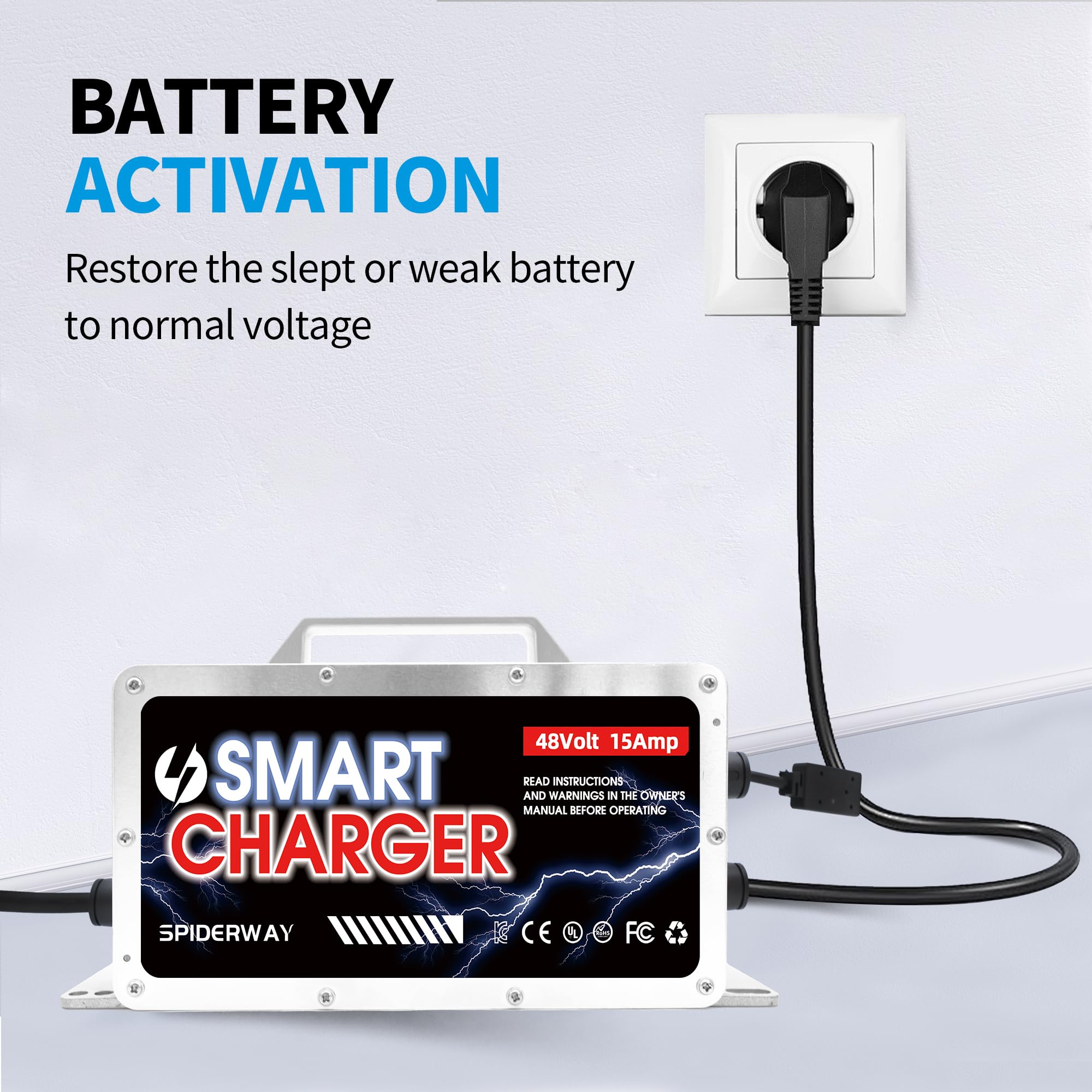 48V 15A Golf Cart Battery Charger - Smart Trickle Charger for AGM/Gel/Lead Acid Batteries, Fast 3-6 Hour Full Charge | Perfect for Club Cars, EZGO & Yamaha Golf Carts (Home & Course Use)