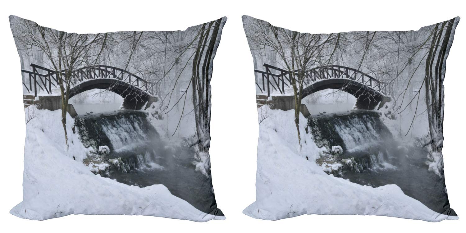 Ambesonne Winter Decorative Throw Pillow Covers Pack of 2 - Snowy Wooden Bridge Over Frozen River Landscape Design - 16